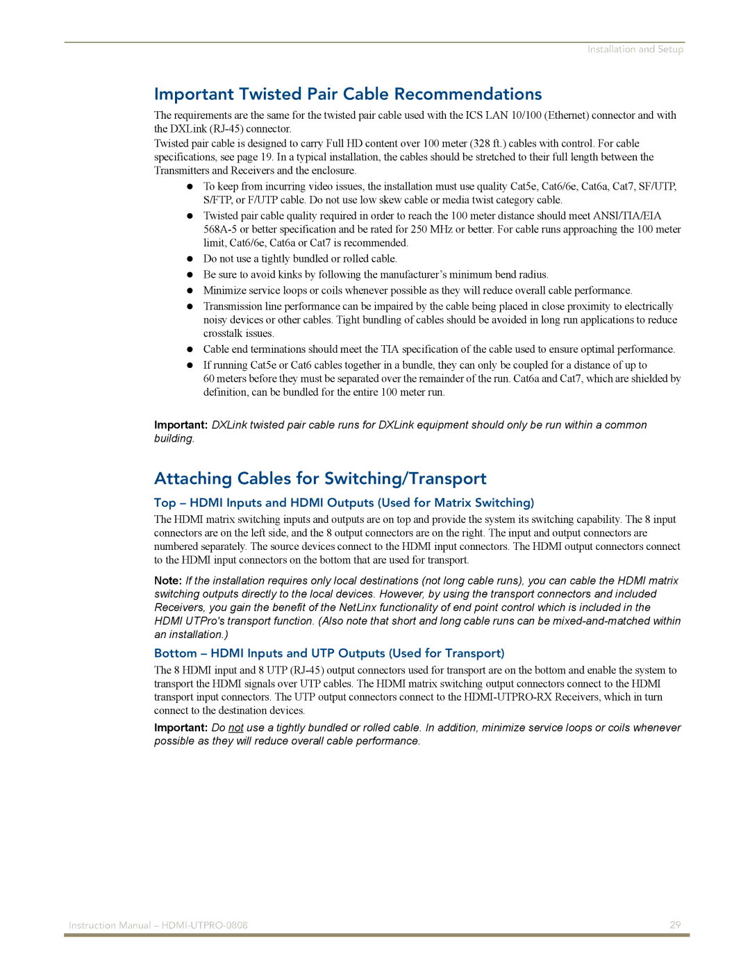 AMX HDMI-UTPRO-0808 Important Twisted Pair Cable Recommendations, Attaching Cables for Switching/Transport 