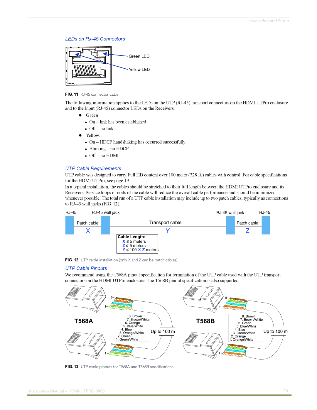 AMX HDMI-UTPRO-0808 instruction manual LEDs on RJ-45 Connectors, UTP Cable Requirements, UTP Cable Pinouts 