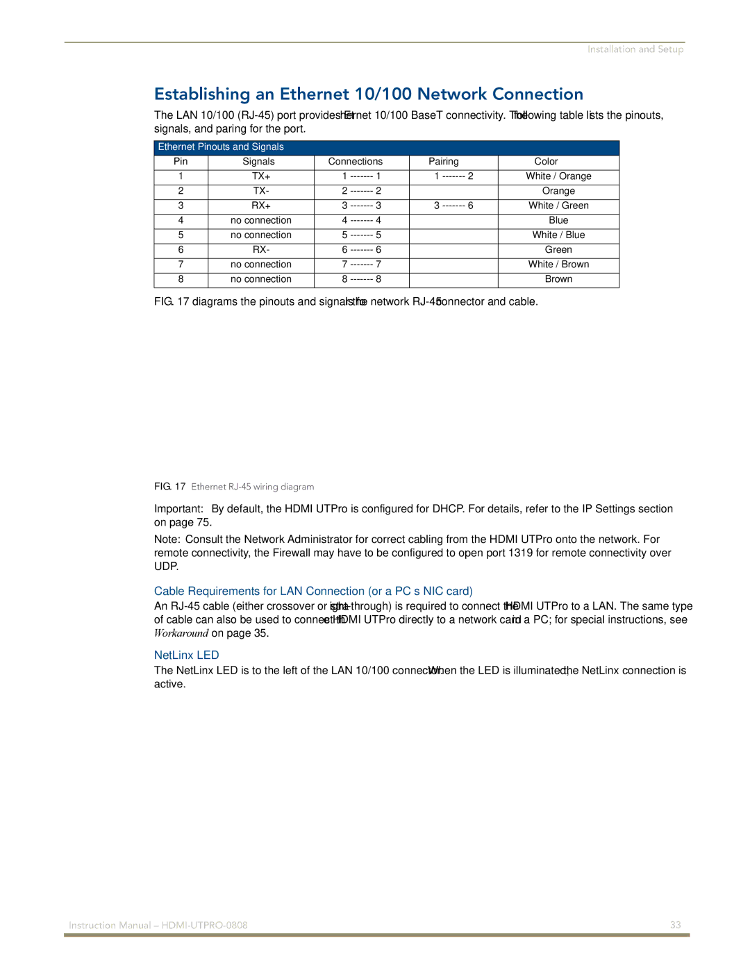 AMX HDMI-UTPRO-0808 instruction manual Establishing an Ethernet 10/100 Network Connection, NetLinx LED 