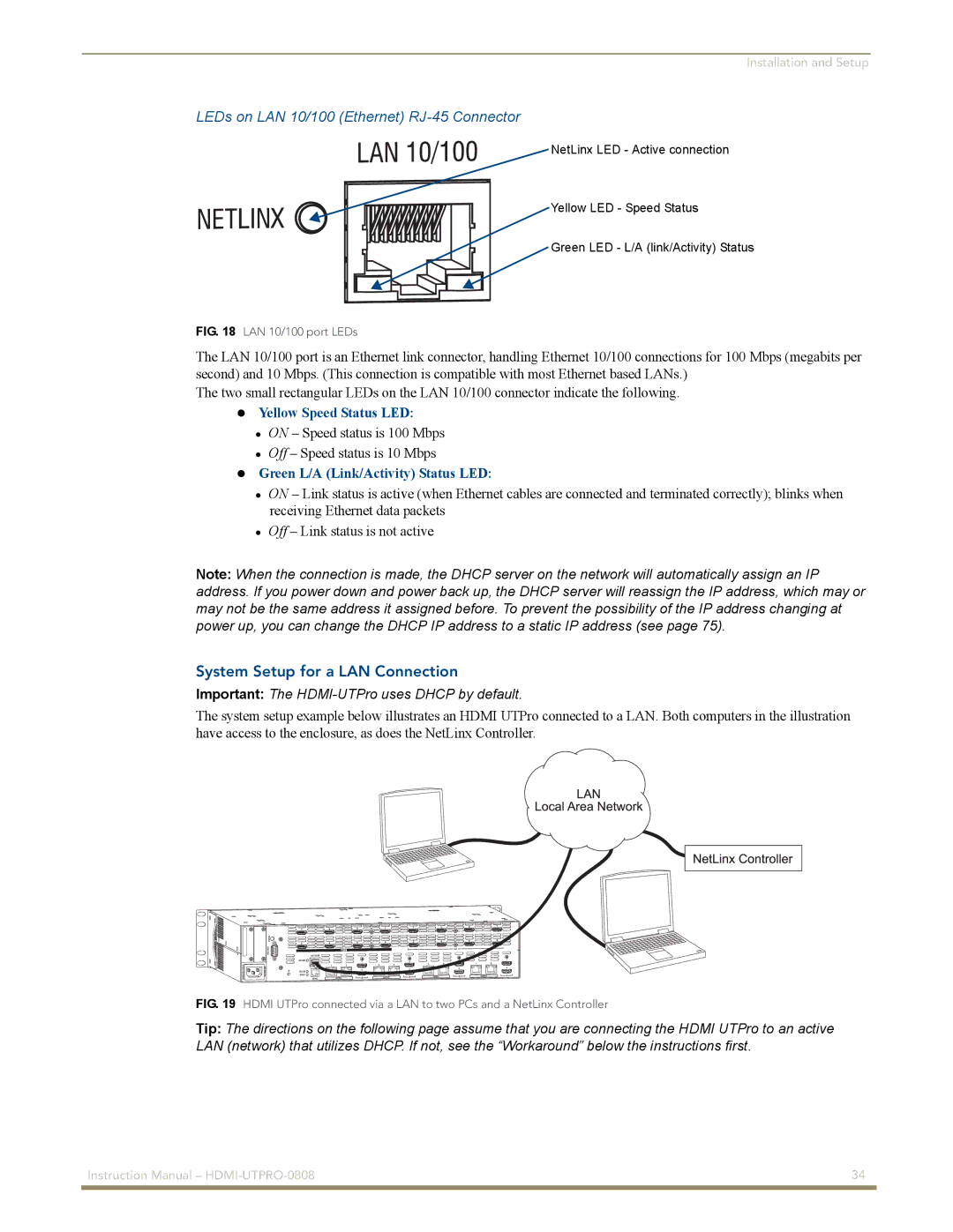 AMX HDMI-UTPRO-0808 instruction manual LEDs on LAN 10/100 Ethernet RJ-45 Connector, System Setup for a LAN Connection 