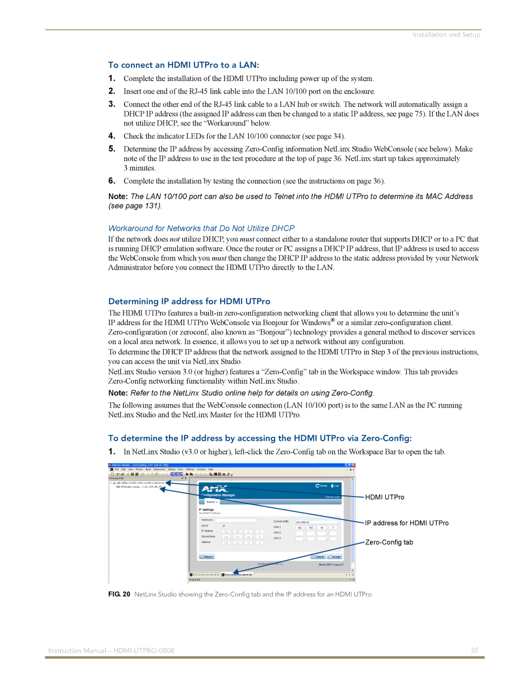 AMX HDMI-UTPRO-0808 instruction manual To connect an Hdmi UTPro to a LAN, Workaround for Networks that Do Not Utilize Dhcp 