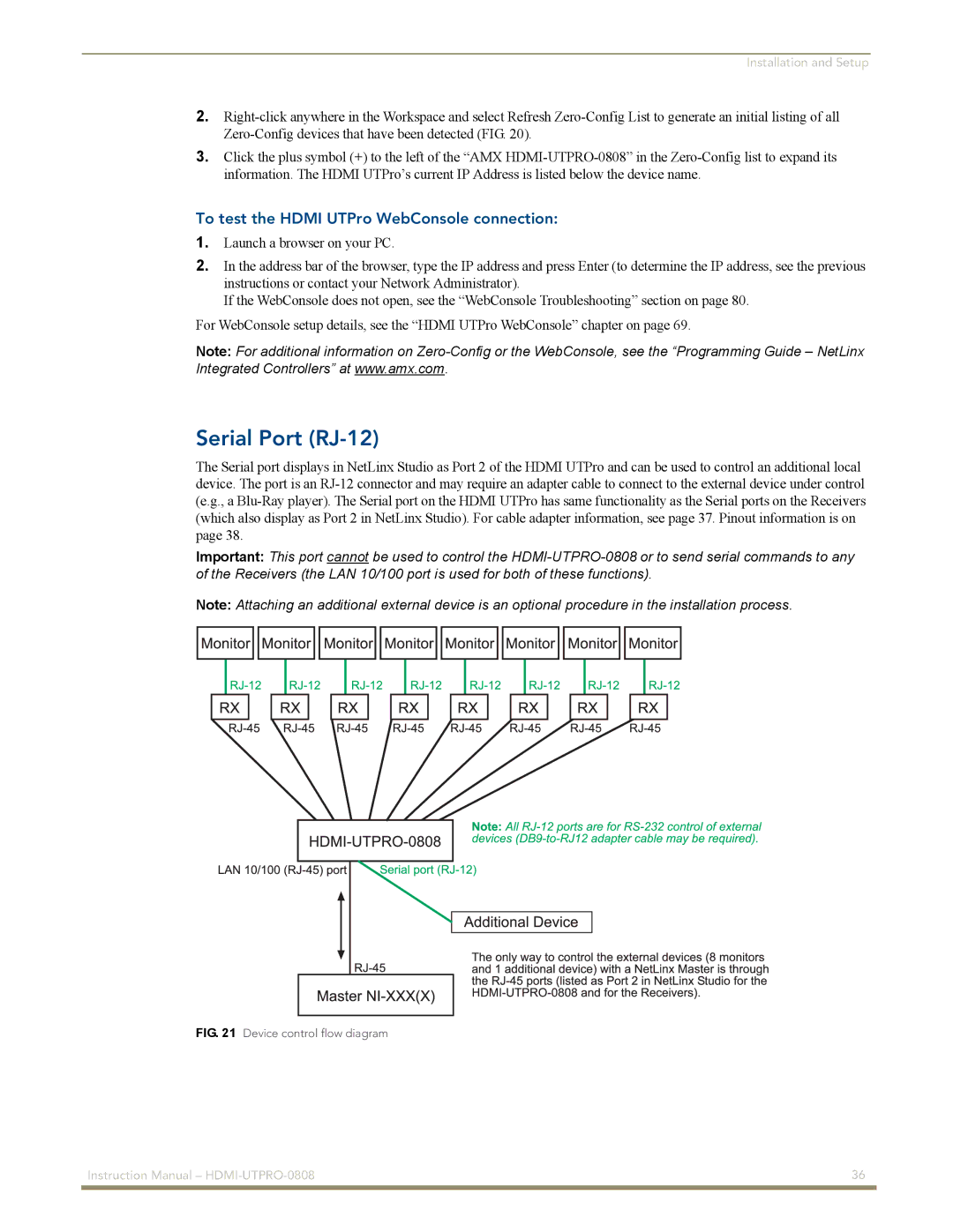 AMX HDMI-UTPRO-0808 instruction manual Serial Port RJ-12, To test the Hdmi UTPro WebConsole connection 