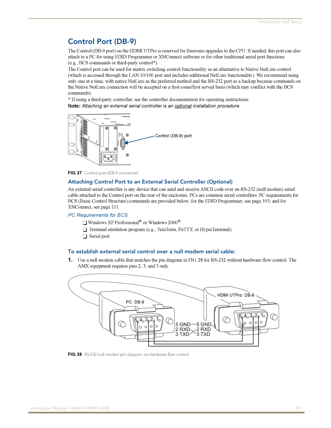 AMX HDMI-UTPRO-0808 instruction manual Control Port DB-9, PC Requirements for BCS 