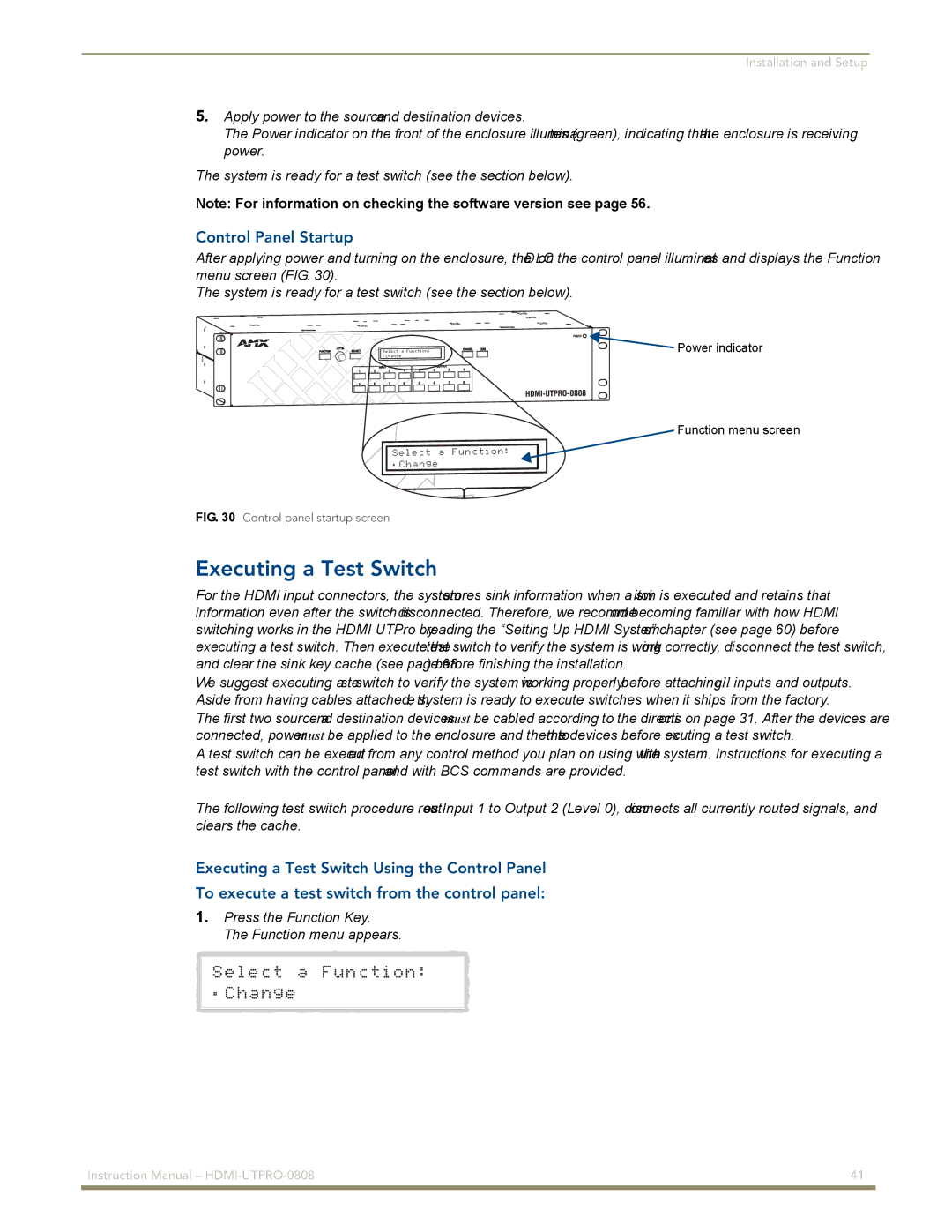 AMX HDMI-UTPRO-0808 instruction manual Executing a Test Switch, Control Panel Startup 