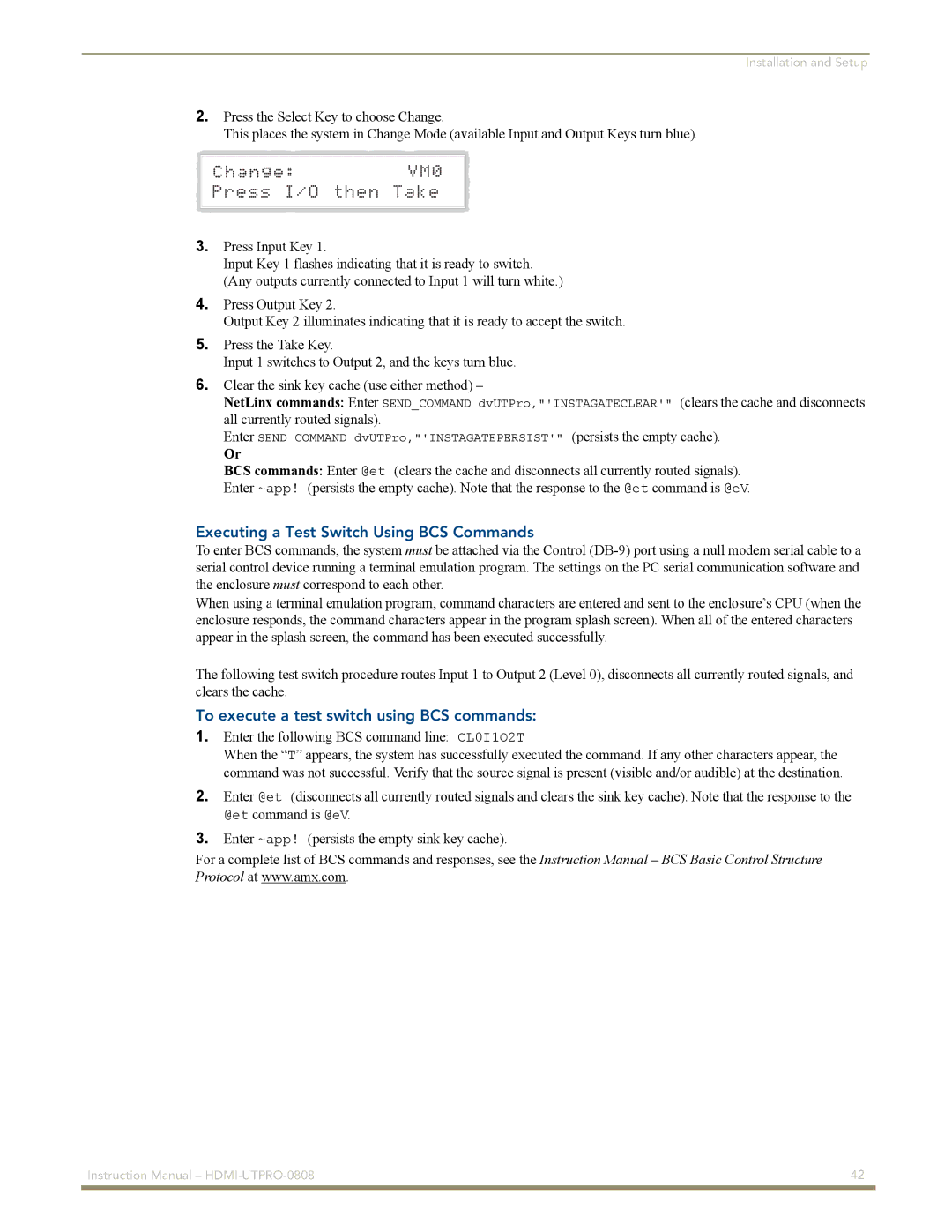 AMX HDMI-UTPRO-0808 Executing a Test Switch Using BCS Commands, To execute a test switch using BCS commands 