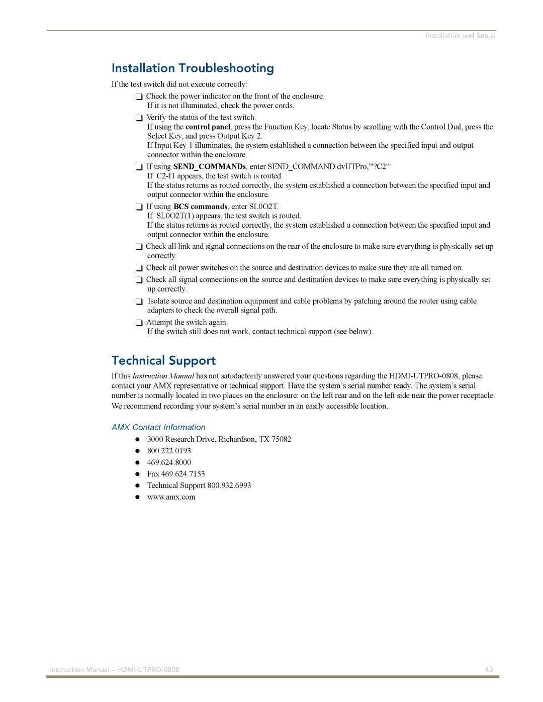 AMX HDMI-UTPRO-0808 instruction manual Installation Troubleshooting, Technical Support, AMX Contact Information 