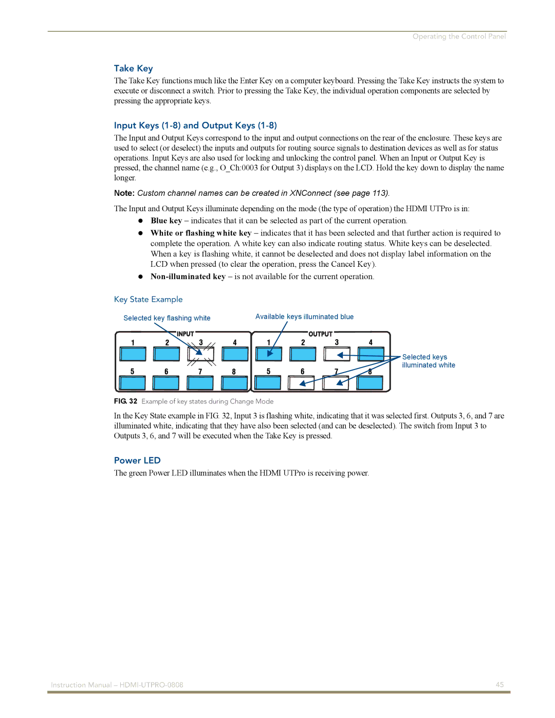 AMX HDMI-UTPRO-0808 instruction manual Take Key, Input Keys 1-8 and Output Keys, Power LED 