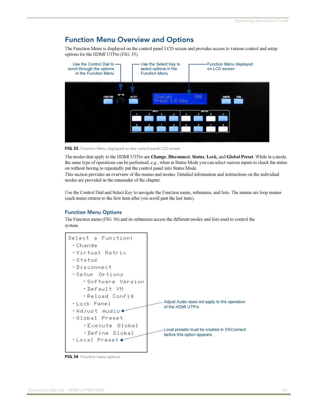 AMX HDMI-UTPRO-0808 instruction manual Function Menu Overview and Options, Function Menu Options 