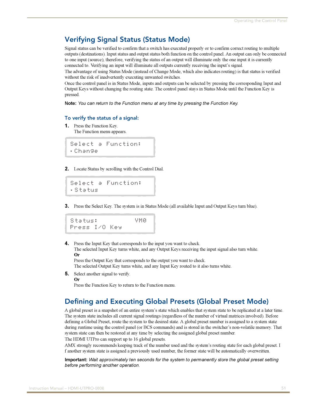 AMX HDMI-UTPRO-0808 Verifying Signal Status Status Mode, Defining and Executing Global Presets Global Preset Mode 