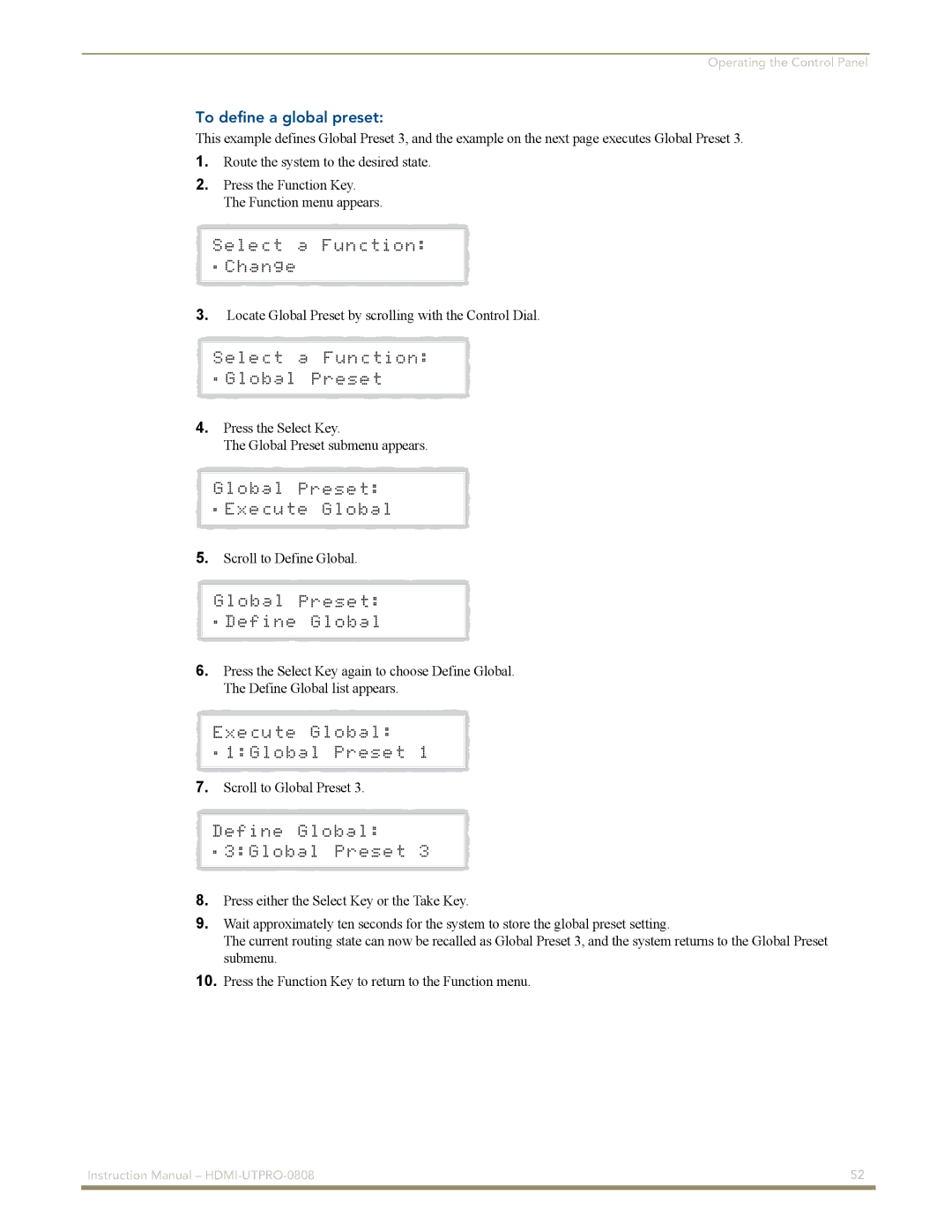 AMX HDMI-UTPRO-0808 instruction manual To define a global preset 