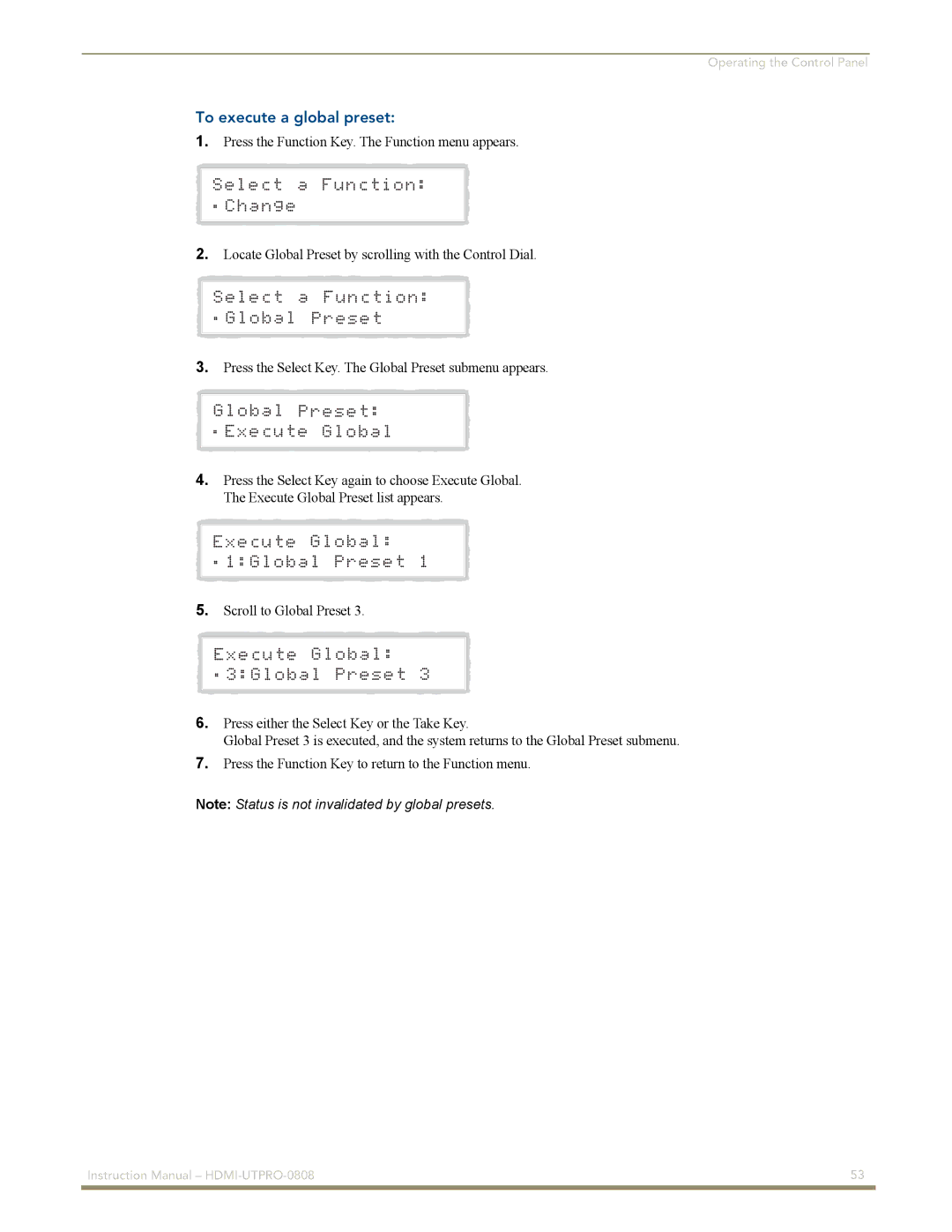 AMX HDMI-UTPRO-0808 instruction manual To execute a global preset 