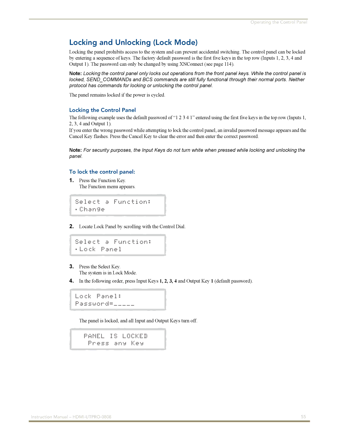 AMX HDMI-UTPRO-0808 Locking and Unlocking Lock Mode, Locking the Control Panel, To lock the control panel 