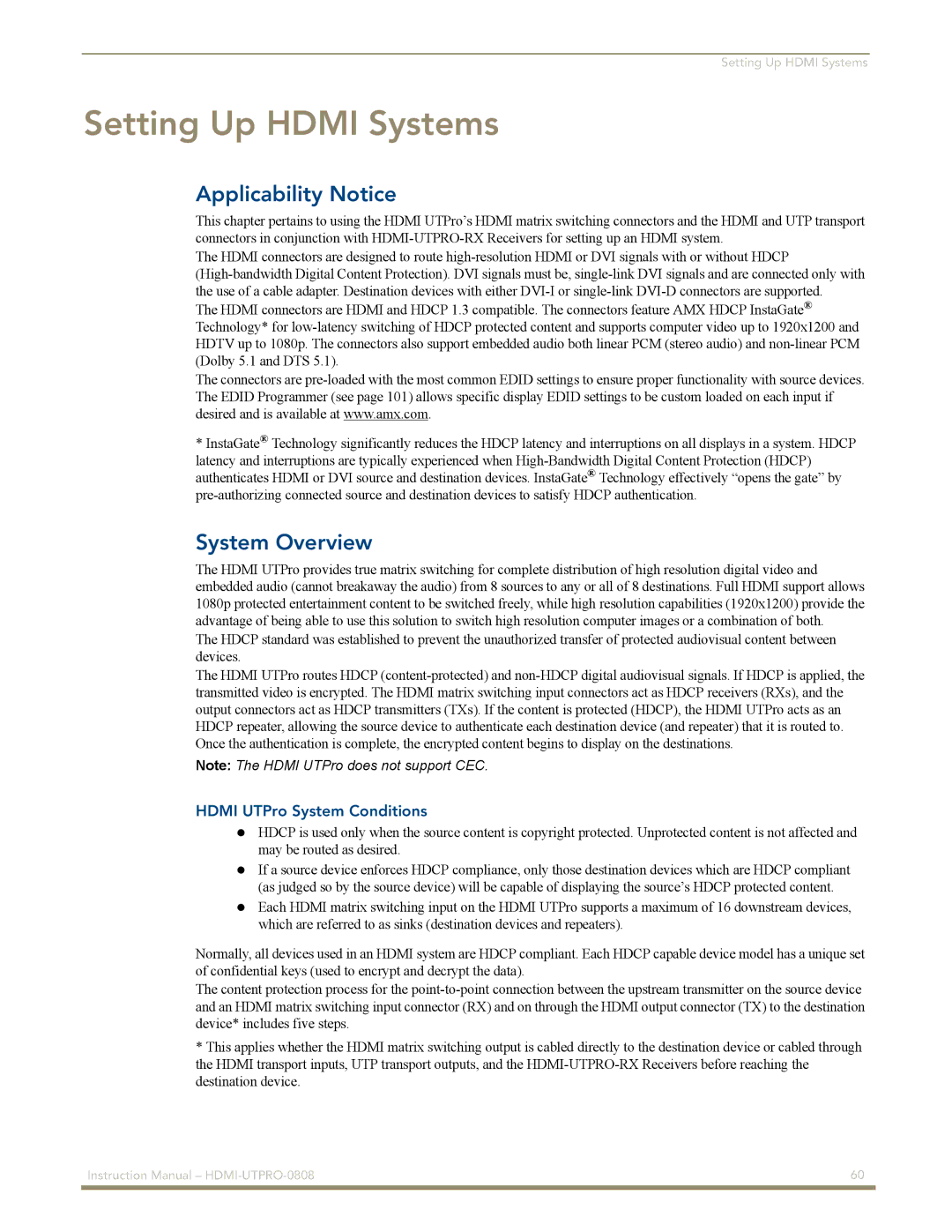 AMX HDMI-UTPRO-0808 instruction manual Setting Up Hdmi Systems, System Overview, Hdmi UTPro System Conditions 