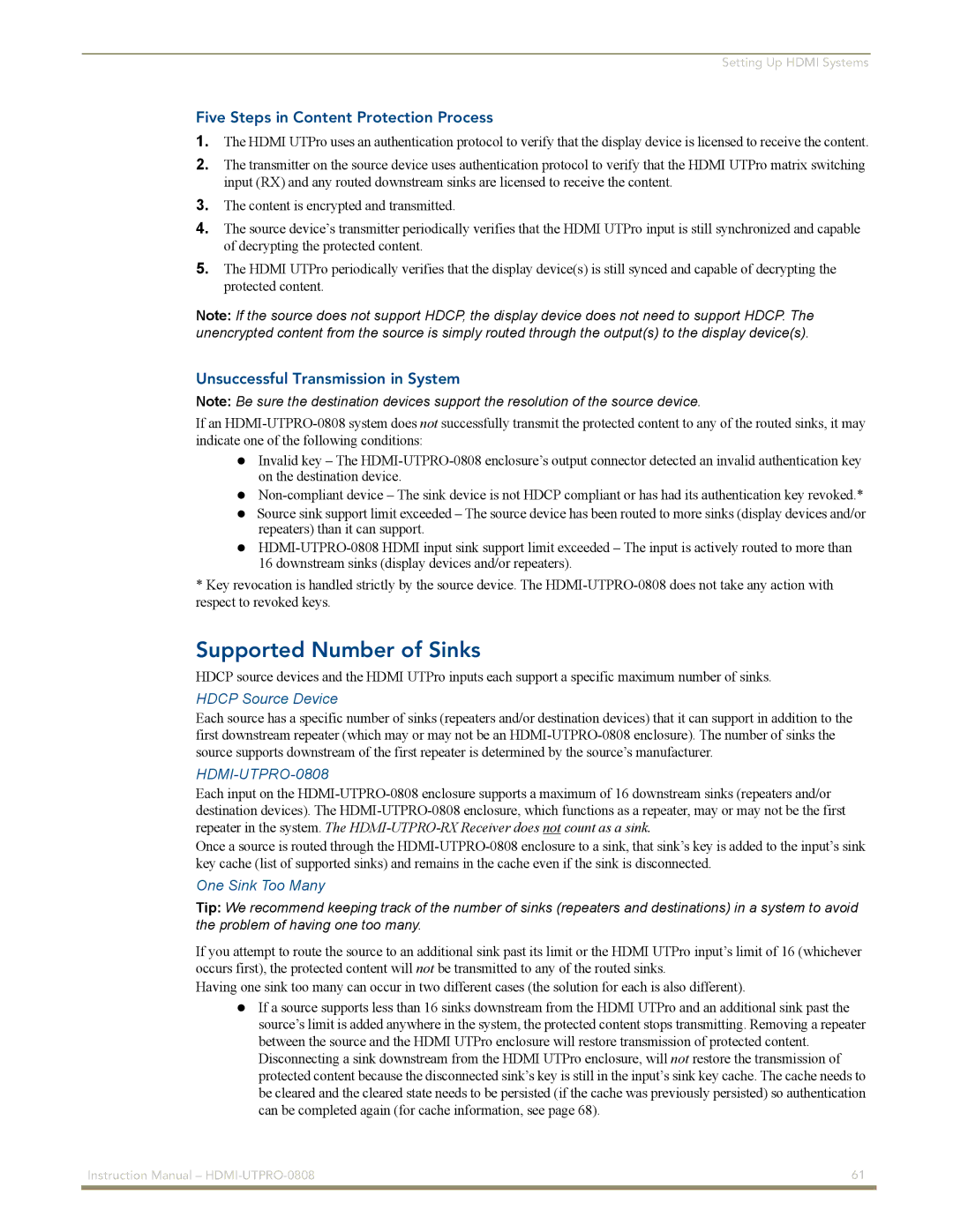 AMX HDMI-UTPRO-0808 Supported Number of Sinks, Five Steps in Content Protection Process, Hdcp Source Device 