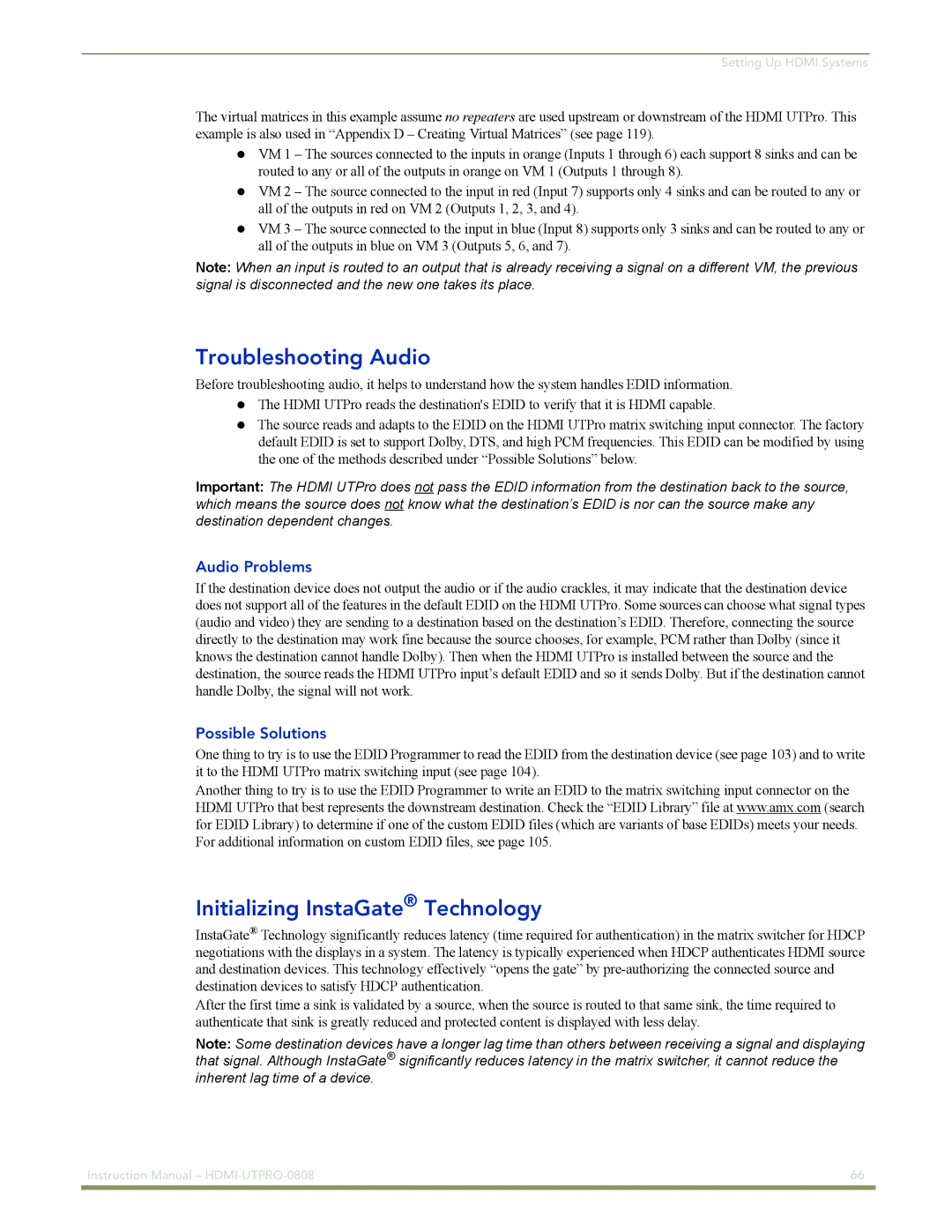 AMX HDMI-UTPRO-0808 Troubleshooting Audio, Initializing InstaGate Technology, Audio Problems, Possible Solutions 