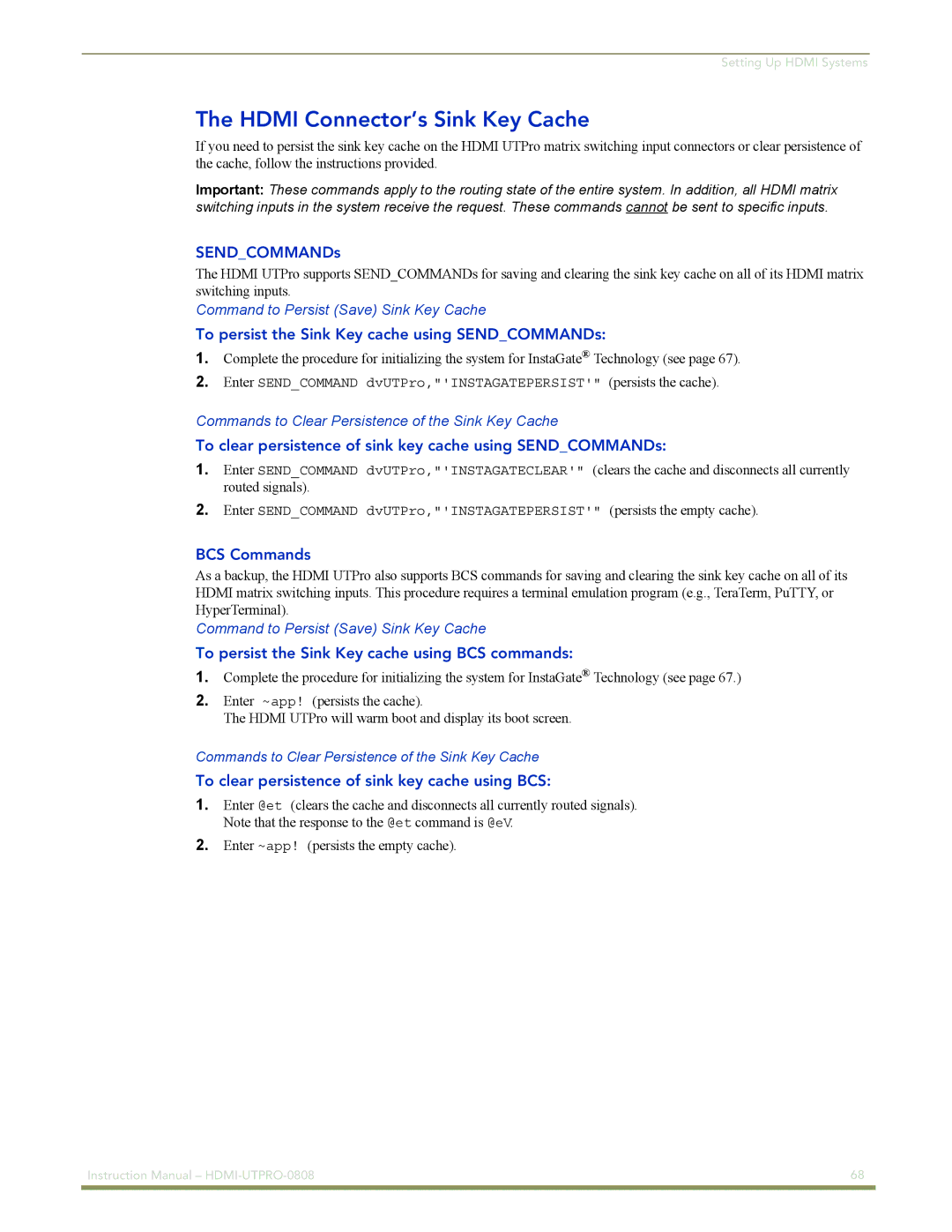 AMX HDMI-UTPRO-0808 instruction manual Hdmi Connector’s Sink Key Cache, Command to Persist Save Sink Key Cache 