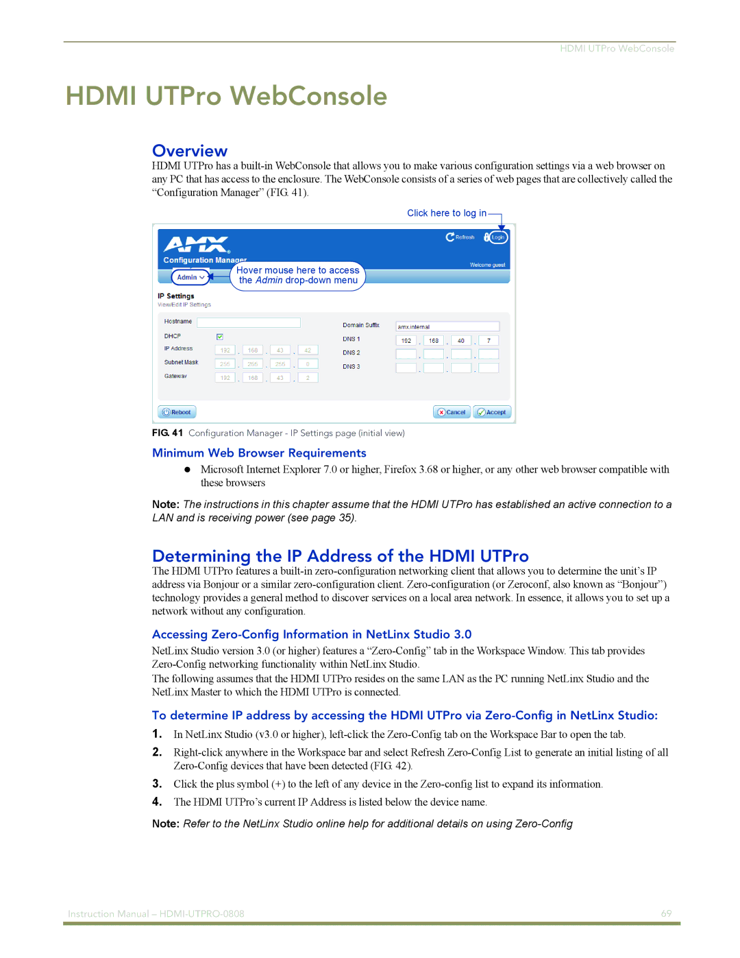 AMX HDMI-UTPRO-0808 instruction manual Hdmi UTPro WebConsole, Overview, Determining the IP Address of the Hdmi UTPro 