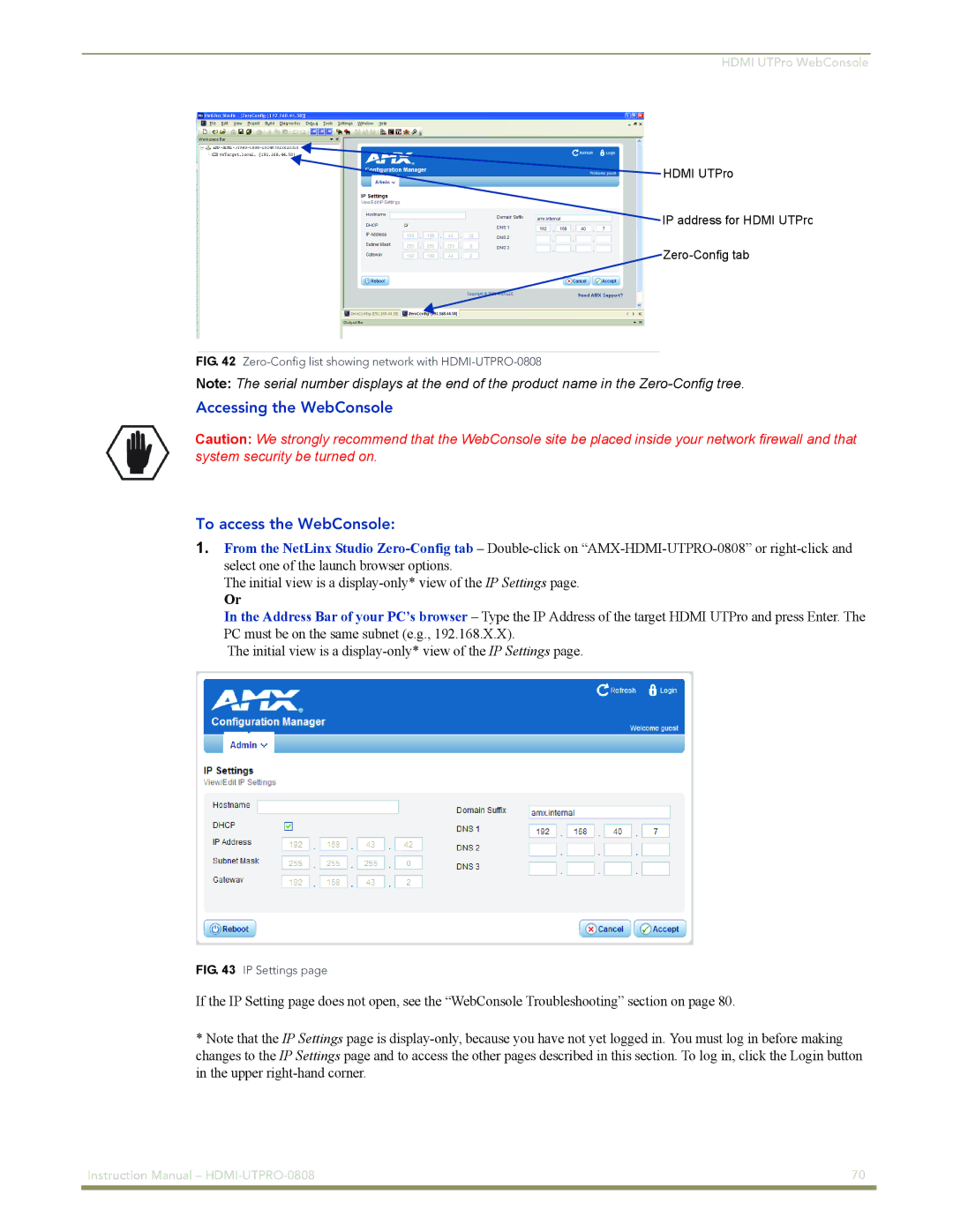 AMX HDMI-UTPRO-0808 instruction manual Accessing the WebConsole To access the WebConsole 