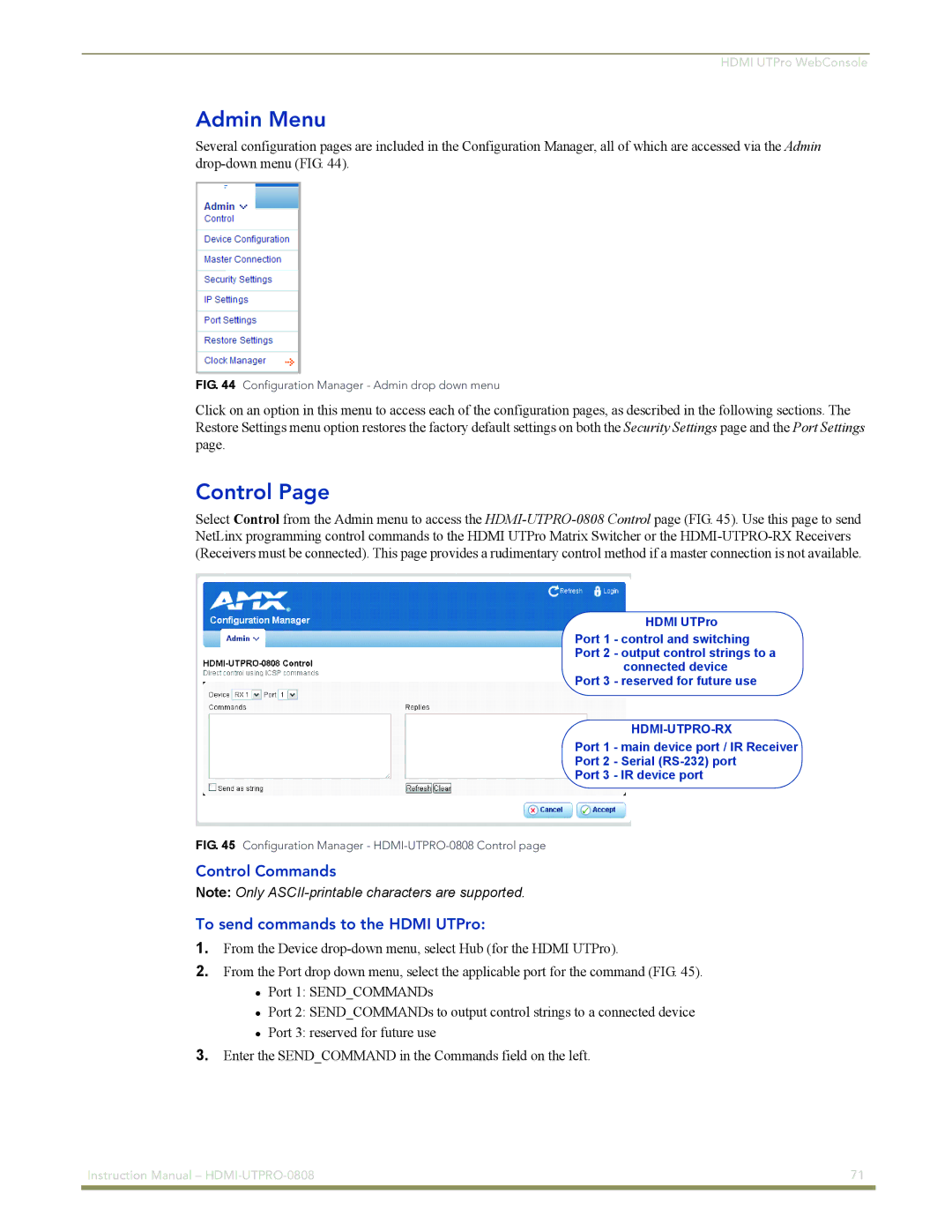 AMX HDMI-UTPRO-0808 instruction manual Admin Menu, Control Commands To send commands to the Hdmi UTPro 