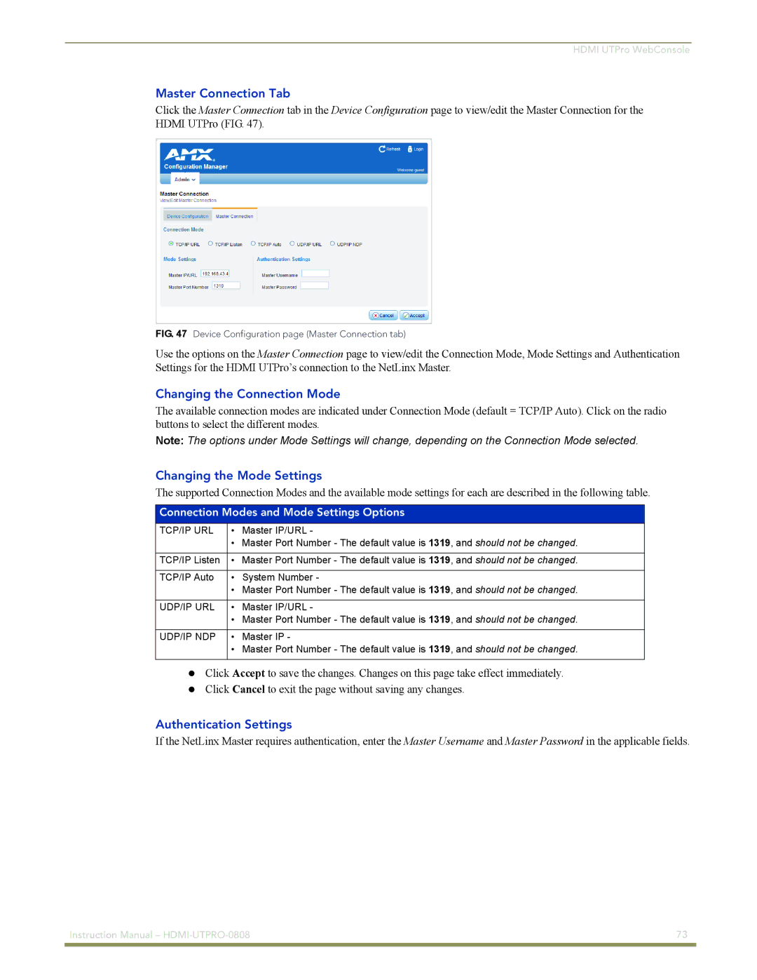 AMX HDMI-UTPRO-0808 instruction manual Master Connection Tab, Changing the Connection Mode, Changing the Mode Settings 