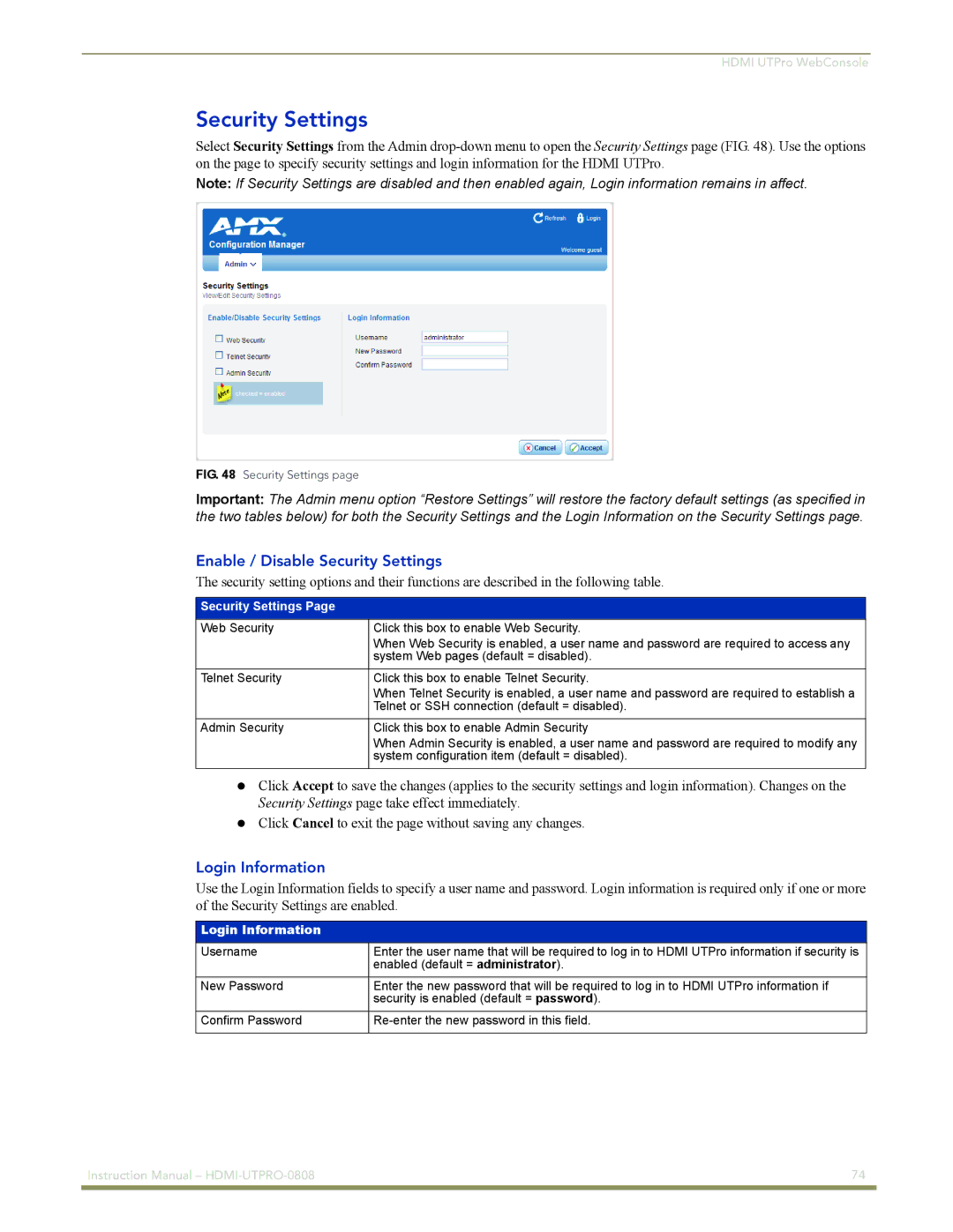 AMX HDMI-UTPRO-0808 instruction manual Enable / Disable Security Settings, Login Information 