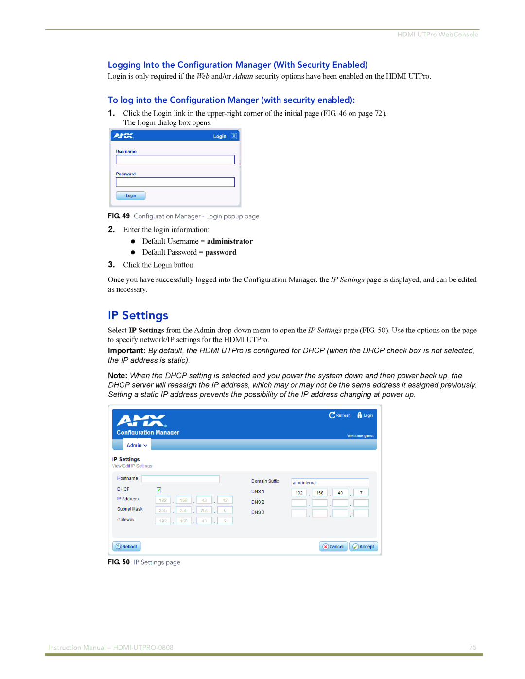 AMX HDMI-UTPRO-0808 instruction manual IP Settings, To log into the Configuration Manger with security enabled 