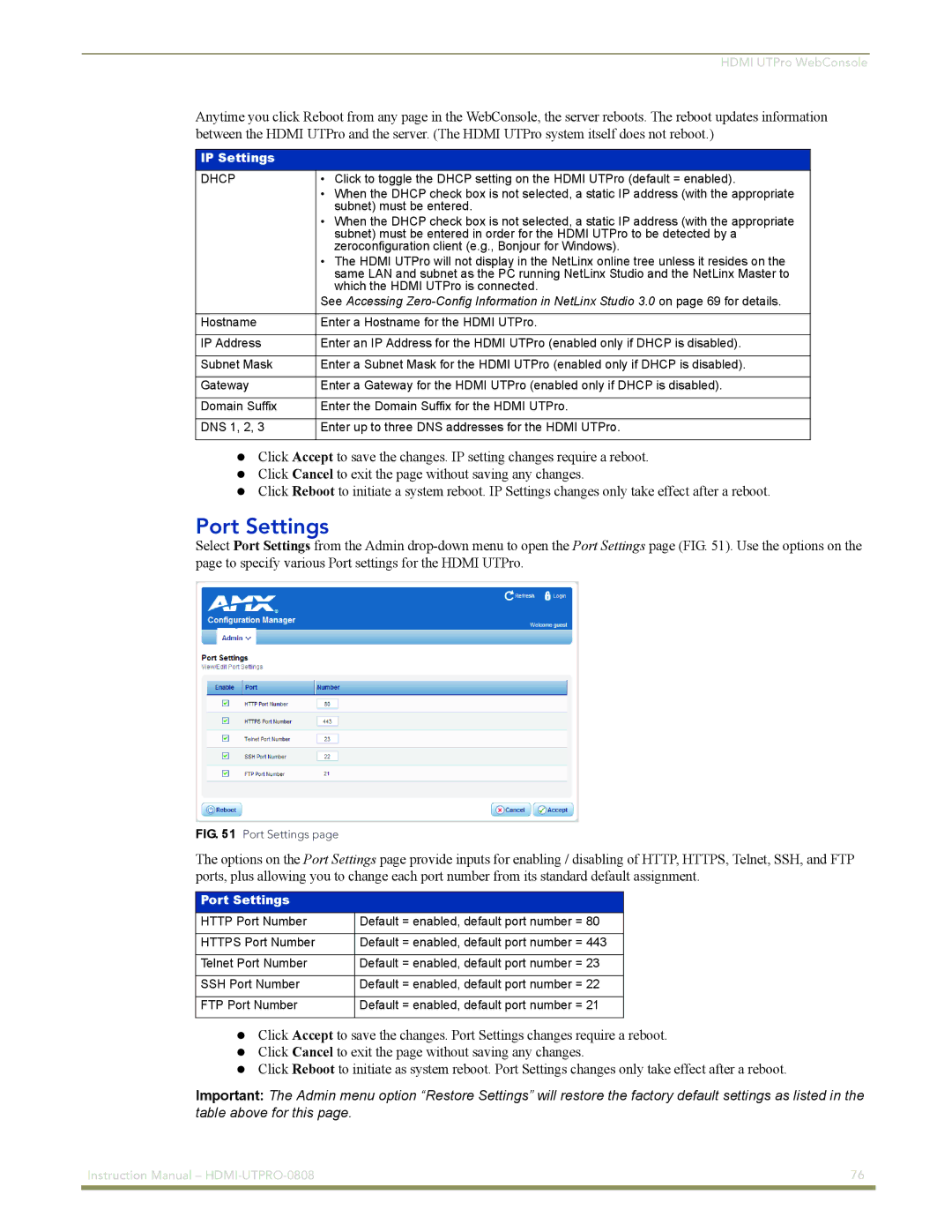 AMX HDMI-UTPRO-0808 instruction manual Port Settings, IP Settings 