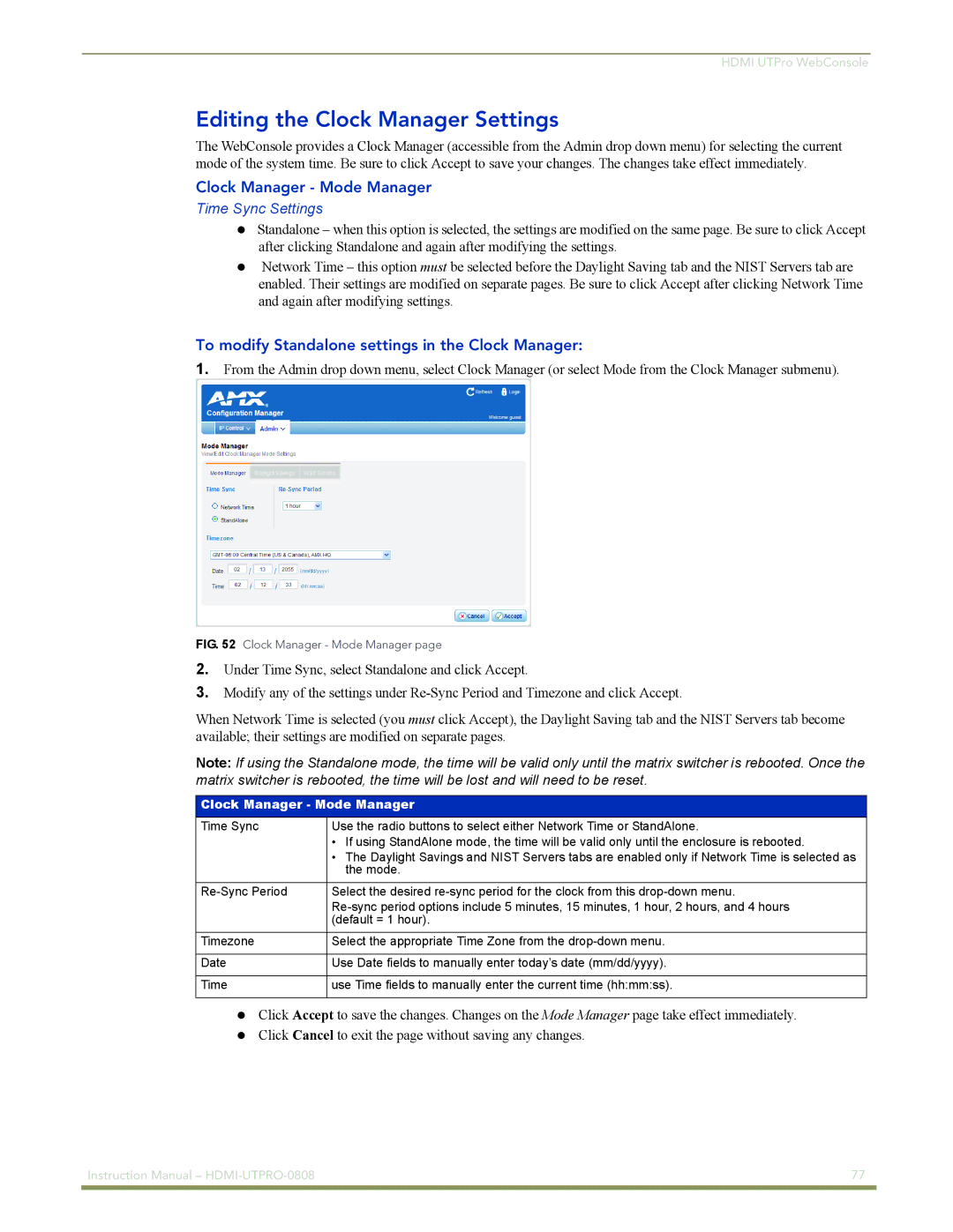 AMX HDMI-UTPRO-0808 instruction manual Editing the Clock Manager Settings, Clock Manager Mode Manager, Time Sync Settings 