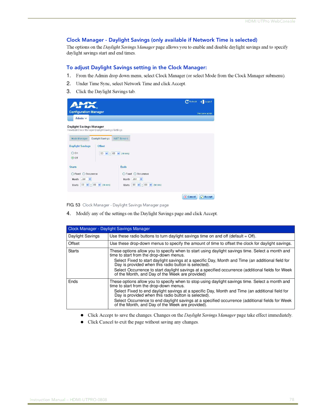 AMX HDMI-UTPRO-0808 To adjust Daylight Savings setting in the Clock Manager, Clock Manager Daylight Savings Manager 