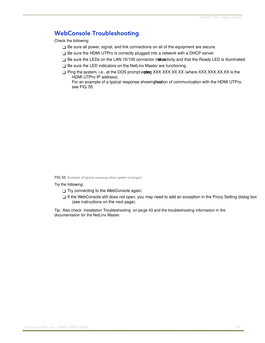 AMX HDMI-UTPRO-0808 instruction manual WebConsole Troubleshooting, Example of typical response when system is pinged 