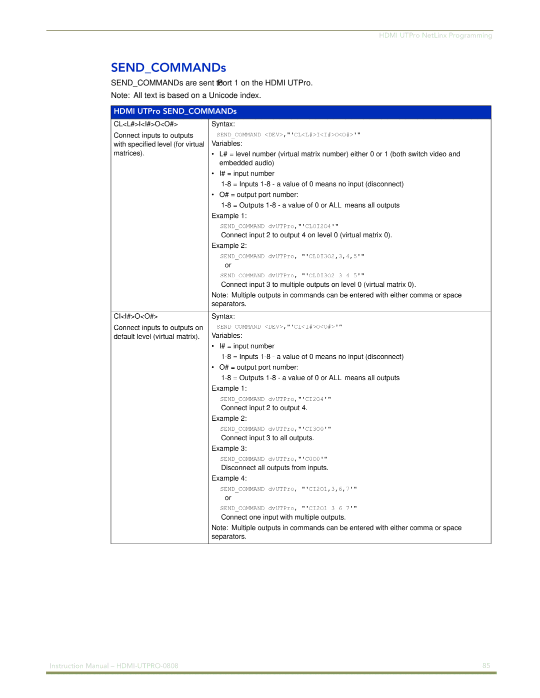 AMX HDMI-UTPRO-0808 instruction manual Hdmi UTPro SENDCOMMANDs 