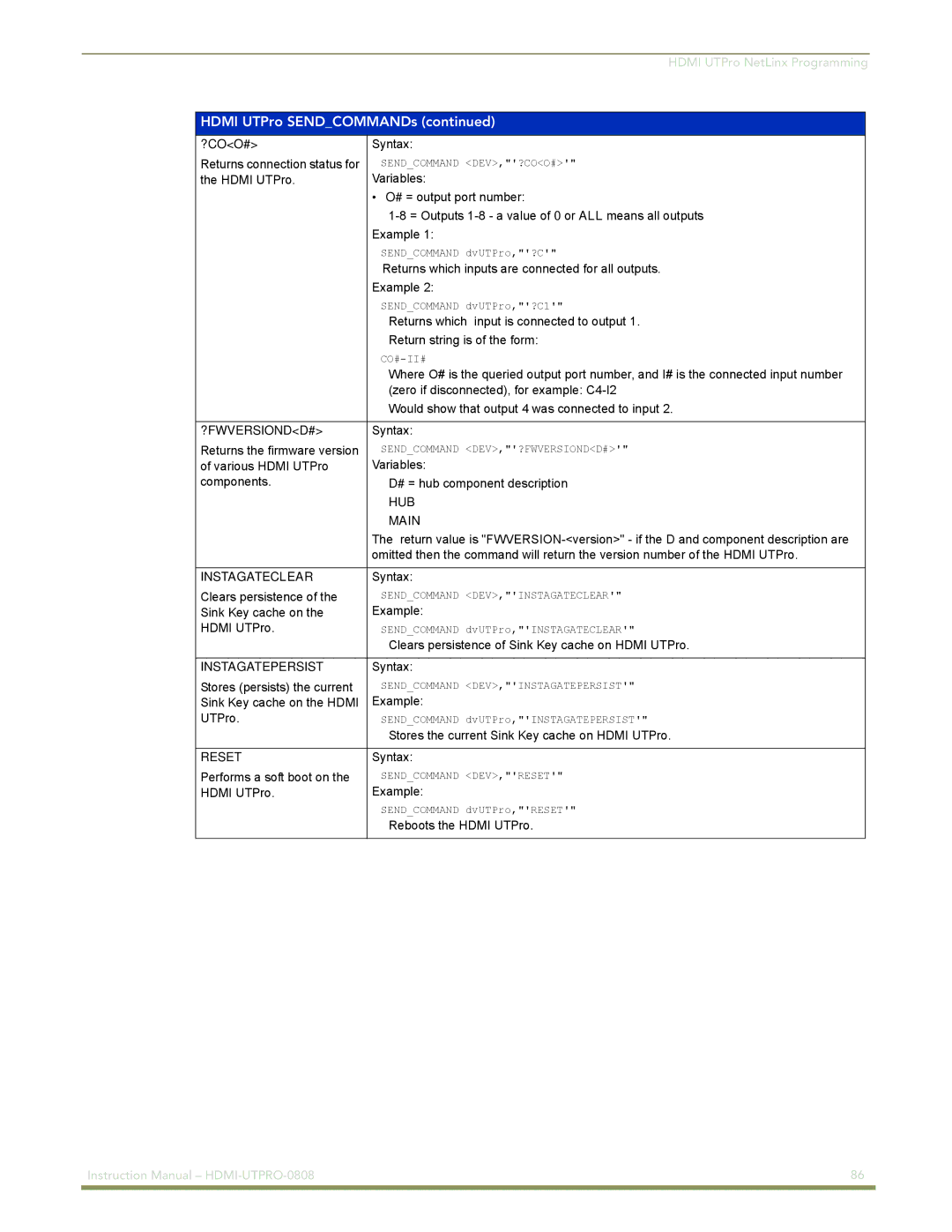 AMX HDMI-UTPRO-0808 instruction manual InstaGate commands 