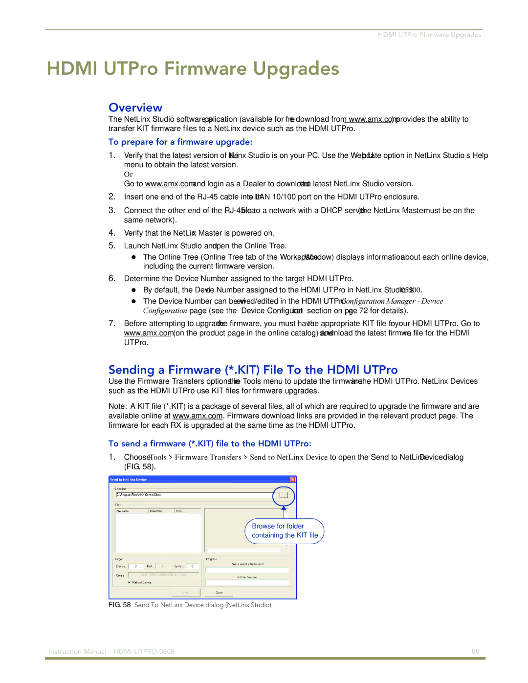 AMX HDMI-UTPRO-0808 instruction manual Hdmi UTPro Firmware Upgrades, Sending a Firmware *.KIT File To the Hdmi UTPro 