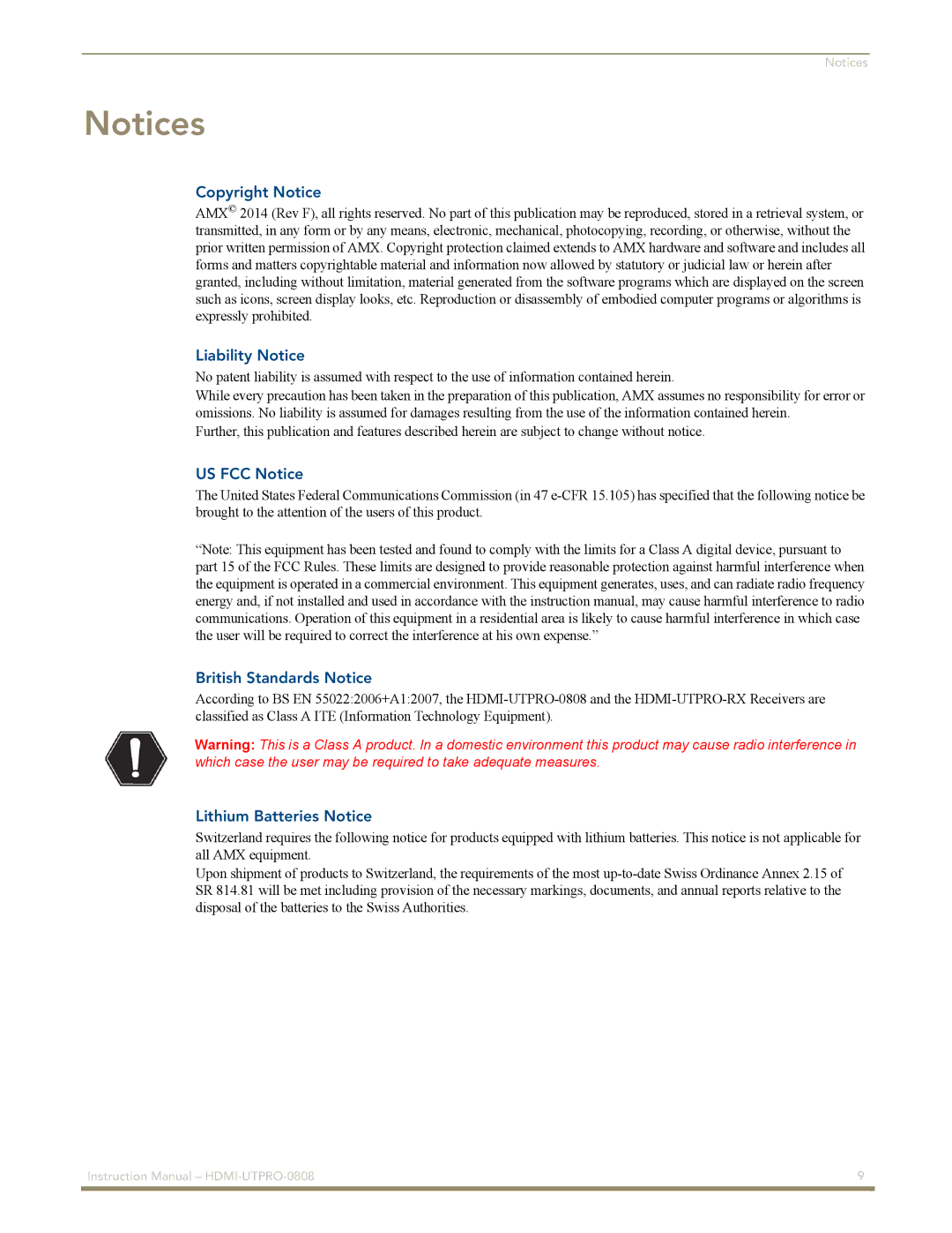 AMX HDMI-UTPRO-0808 Copyright Notice, Liability Notice, US FCC Notice, British Standards Notice, Lithium Batteries Notice 