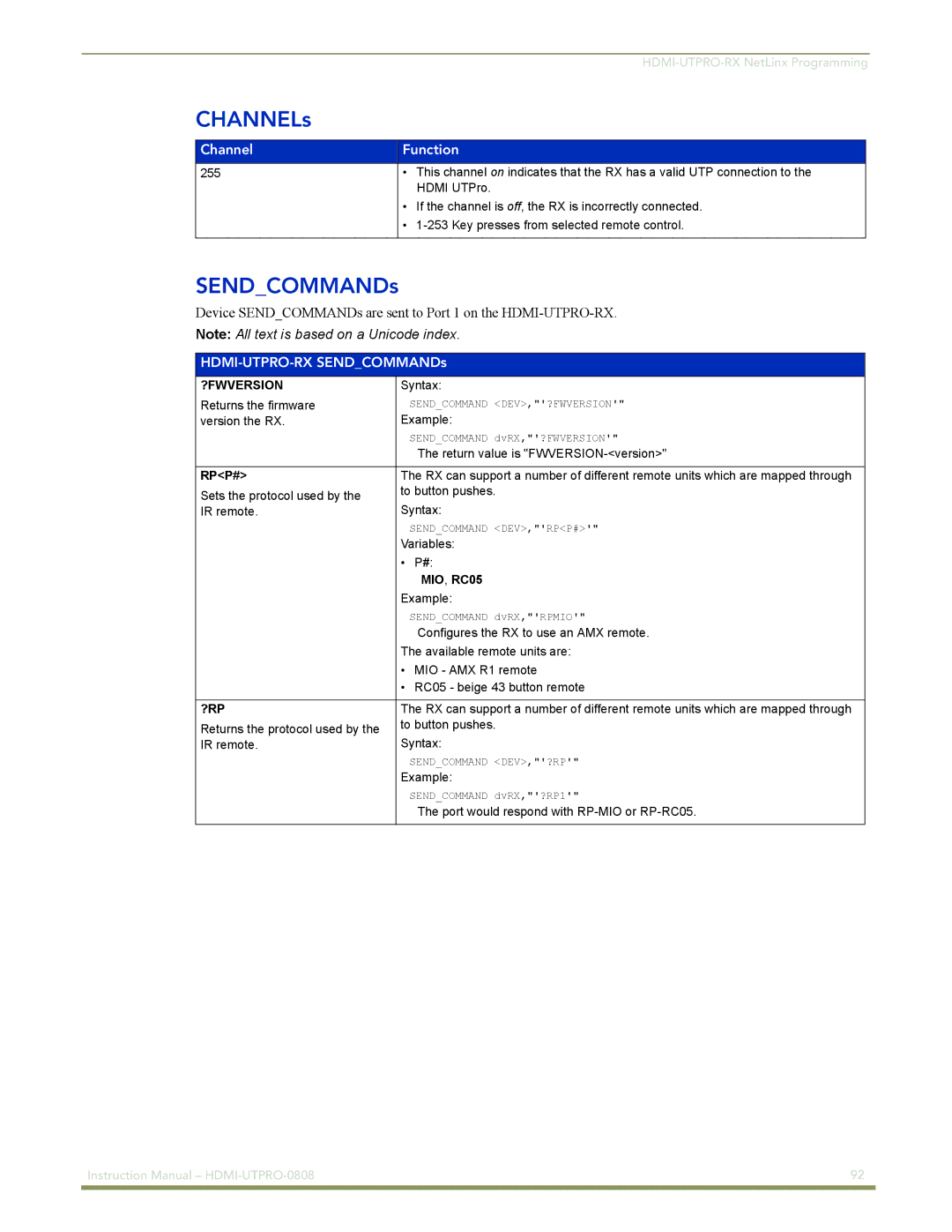 AMX HDMI-UTPRO-0808 instruction manual CHANNELs, Channel Function, HDMI-UTPRO-RX SENDCOMMANDs 