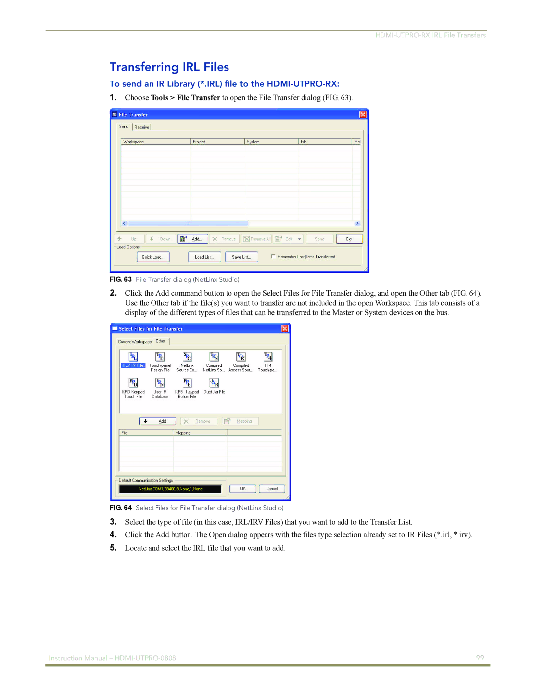 AMX HDMI-UTPRO-0808 instruction manual Transferring IRL Files, To send an IR Library *.IRL file to the HDMI-UTPRO-RX 