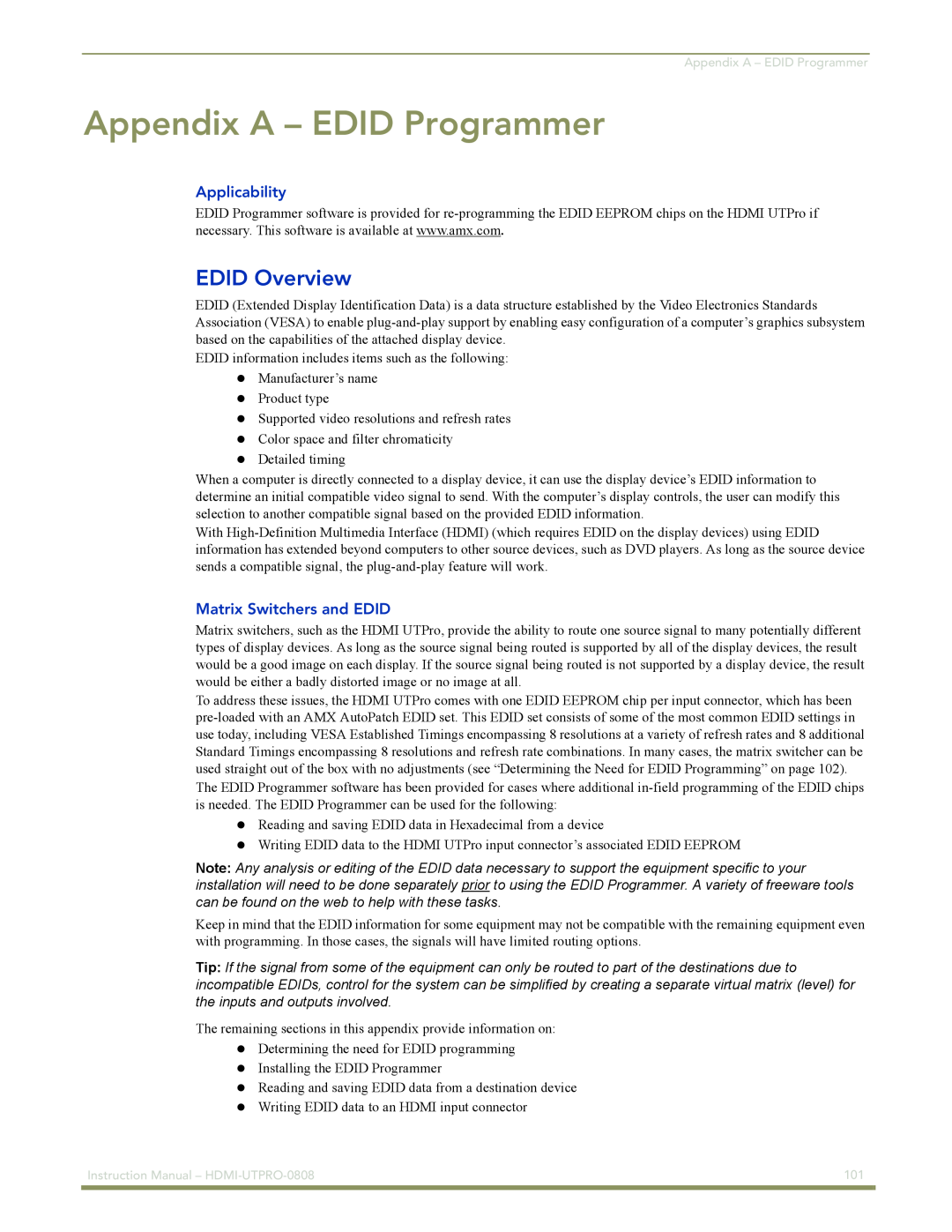 AMX HDMI-UTPRO-0808 instruction manual Appendix A – EDID Programmer, EDID Overview 
