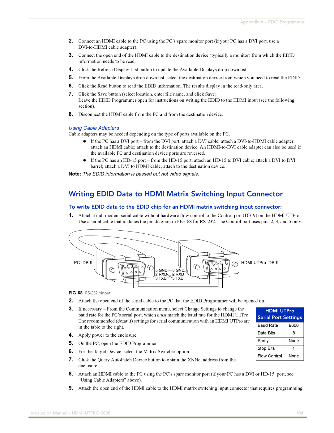 AMX HDMI-UTPRO-0808 instruction manual Using Cable Adapters, HDMI UTPro, Serial Port Settings 