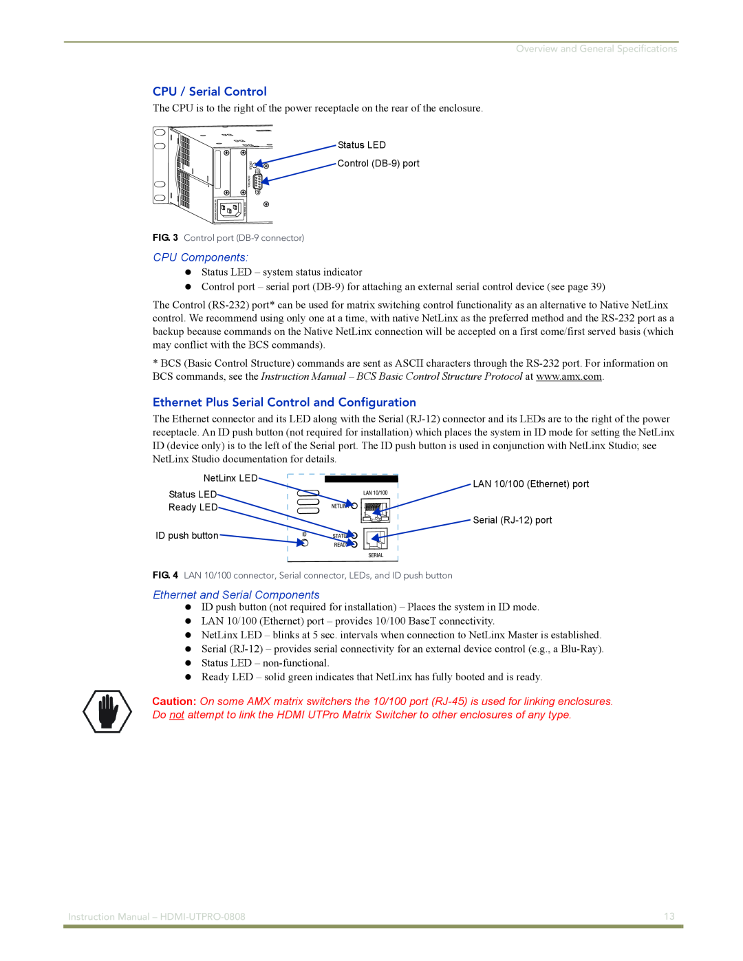 AMX HDMI-UTPRO-0808 instruction manual CPU / Serial Control, CPU Components, Ethernet Plus Serial Control and Configuration 