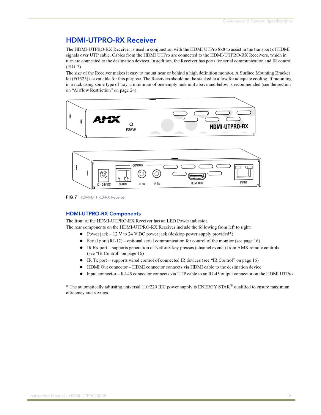 AMX HDMI-UTPRO-0808 instruction manual HDMI-UTPRO-RXReceiver, HDMI-UTPRO-RXComponents 