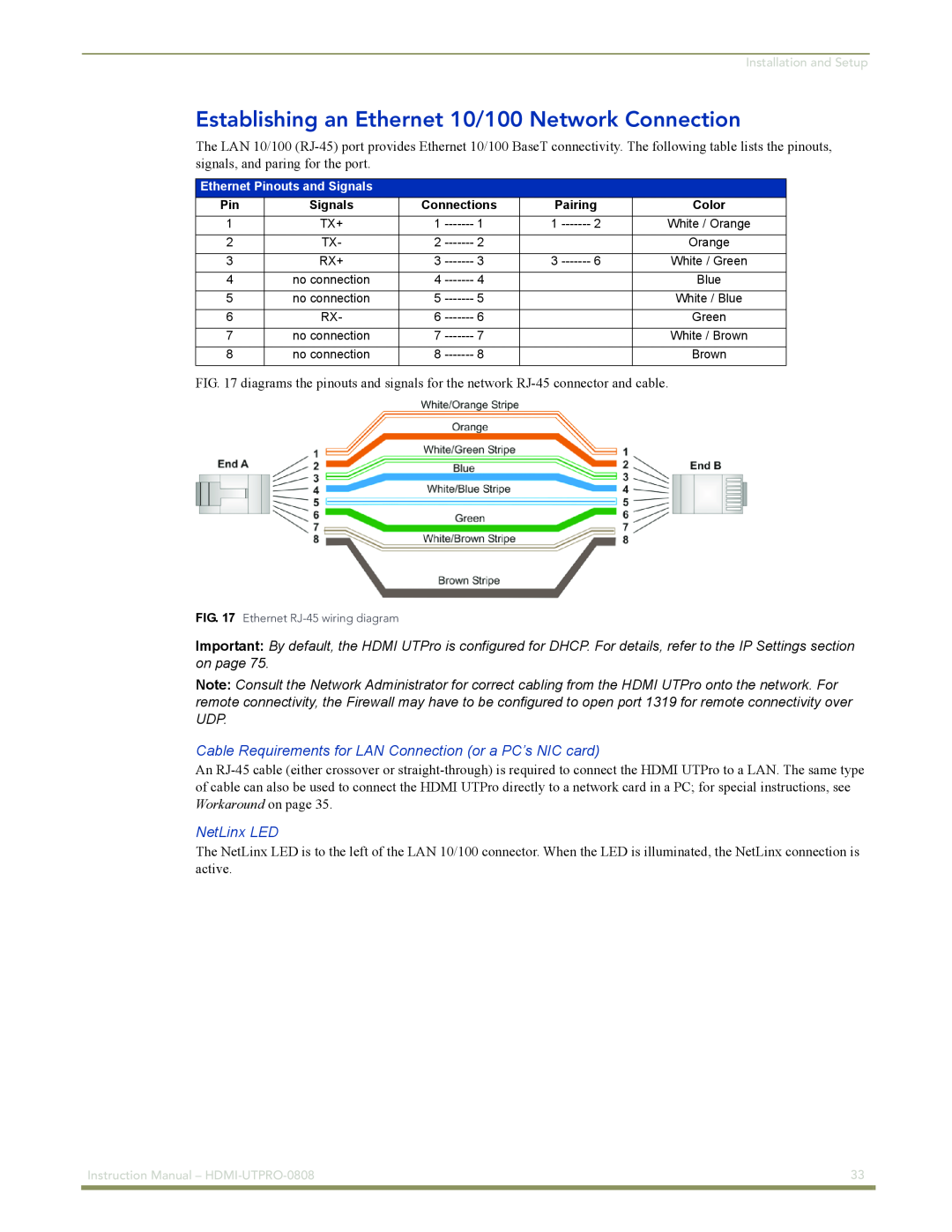 AMX HDMI-UTPRO-0808 instruction manual NetLinx LED, Connections, Pairing 