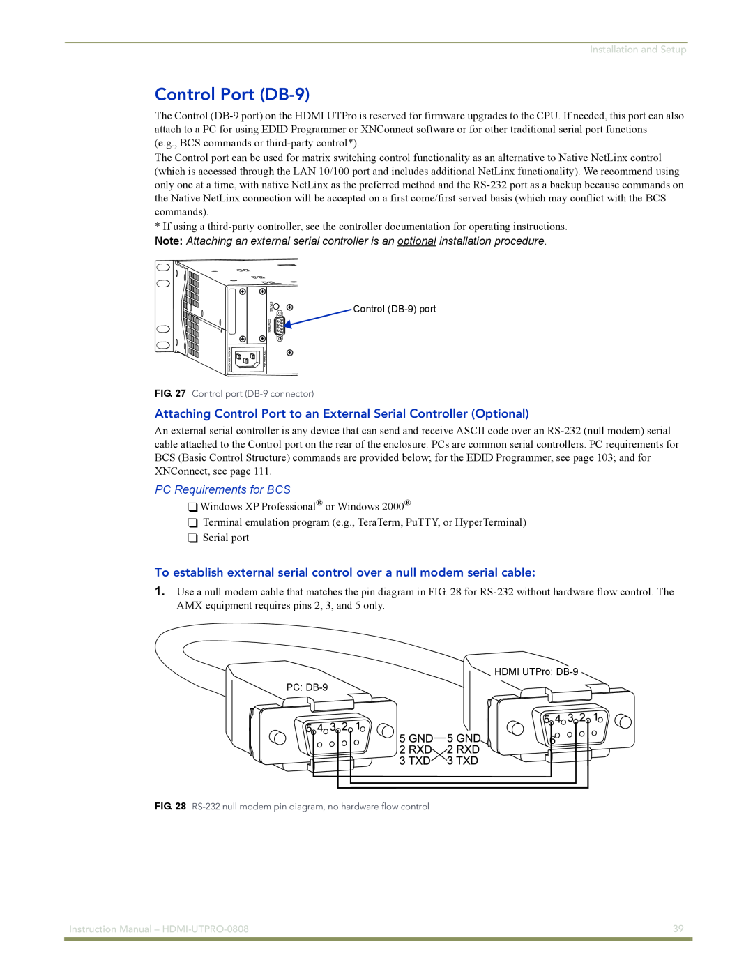 AMX HDMI-UTPRO-0808 instruction manual Control Port DB-9, PC Requirements for BCS 