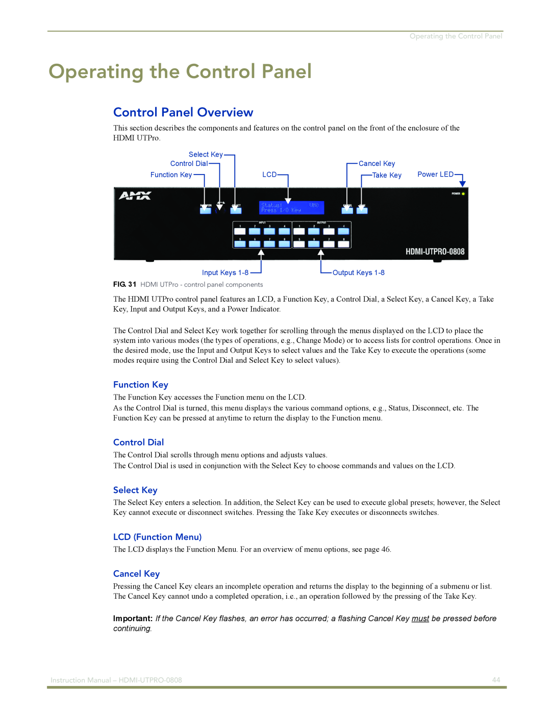 AMX HDMI-UTPRO-0808 instruction manual Operating the Control Panel, Control Panel Overview 