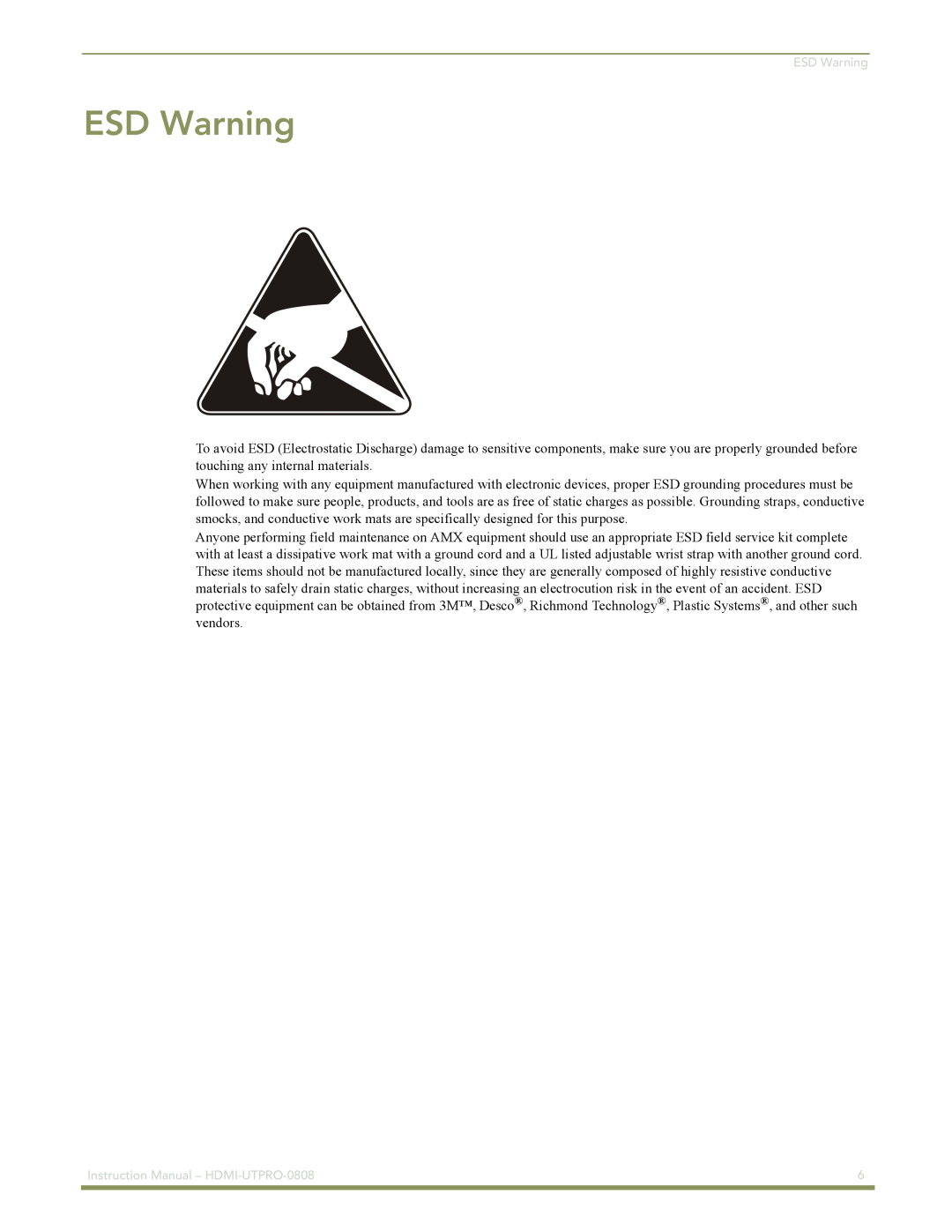 AMX instruction manual ESD Warning, Instruction Manual – HDMI-UTPRO-0808 