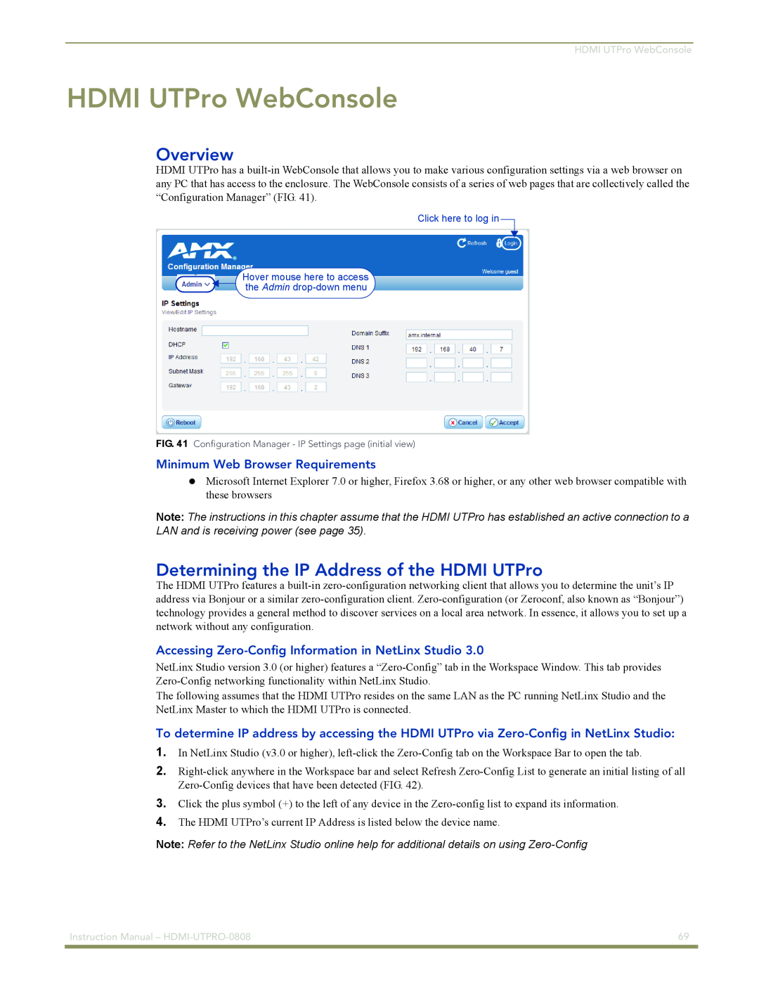 AMX HDMI-UTPRO-0808 instruction manual HDMI UTPro WebConsole, Overview, Determining the IP Address of the HDMI UTPro 