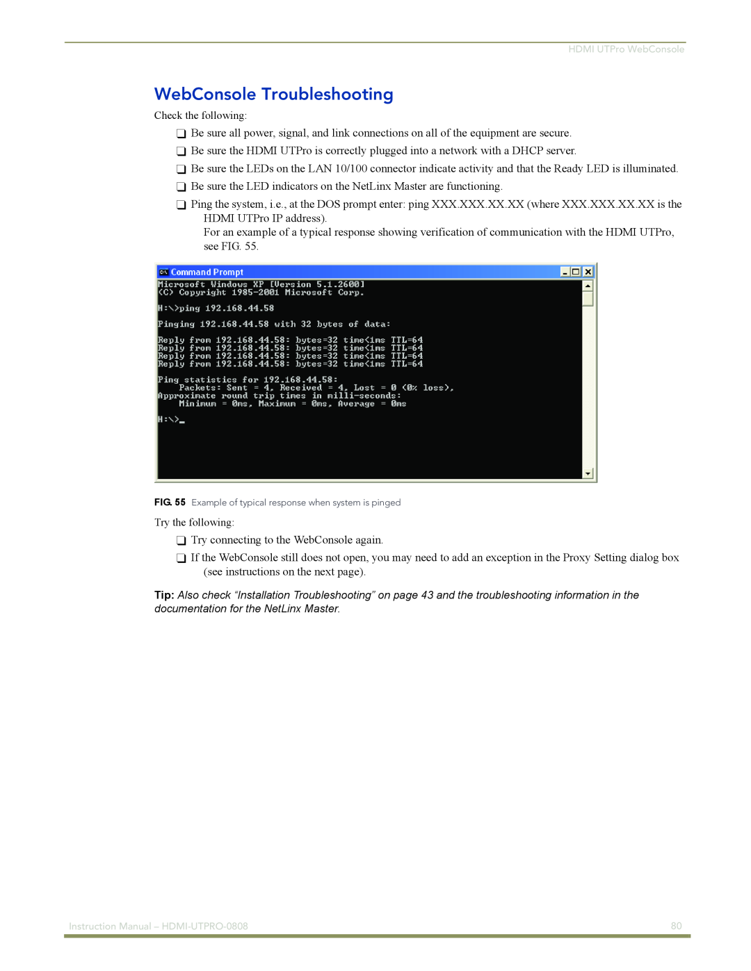 AMX HDMI-UTPRO-0808 instruction manual WebConsole Troubleshooting 