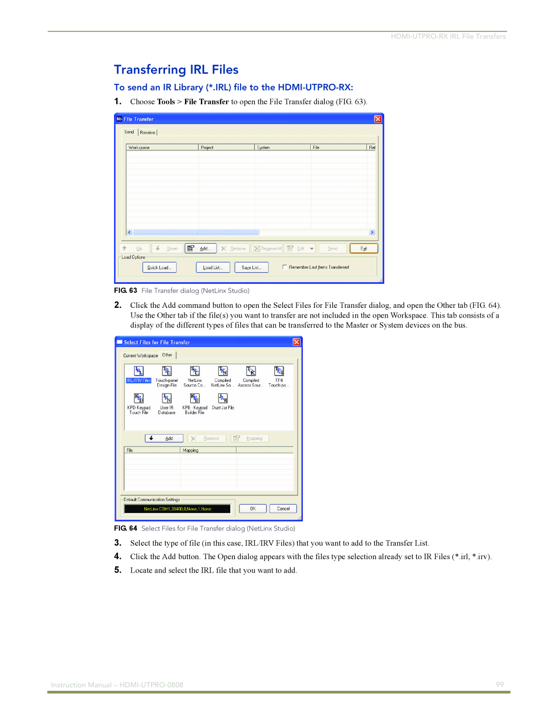 AMX instruction manual Transferring IRL Files, HDMI-UTPRO-RXIRL File Transfers, Instruction Manual – HDMI-UTPRO-0808 