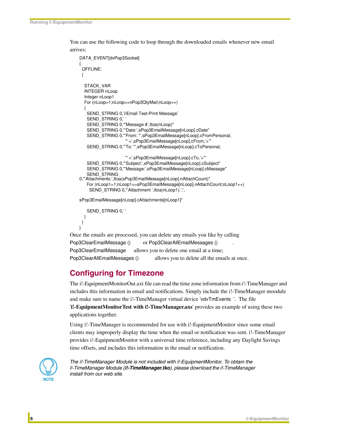 AMX i!-EquipmentMonitor Configuring for Timezone, DATAEVENTdvPop3Socket, SPop3EmailMessagenLoop.cAttachmentsnLoop1 