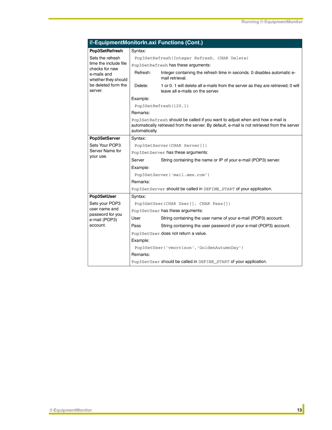 AMX i!-EquipmentMonitor instruction manual Pop3SetRefresh, Pop3SetServer, Pop3SetUser 