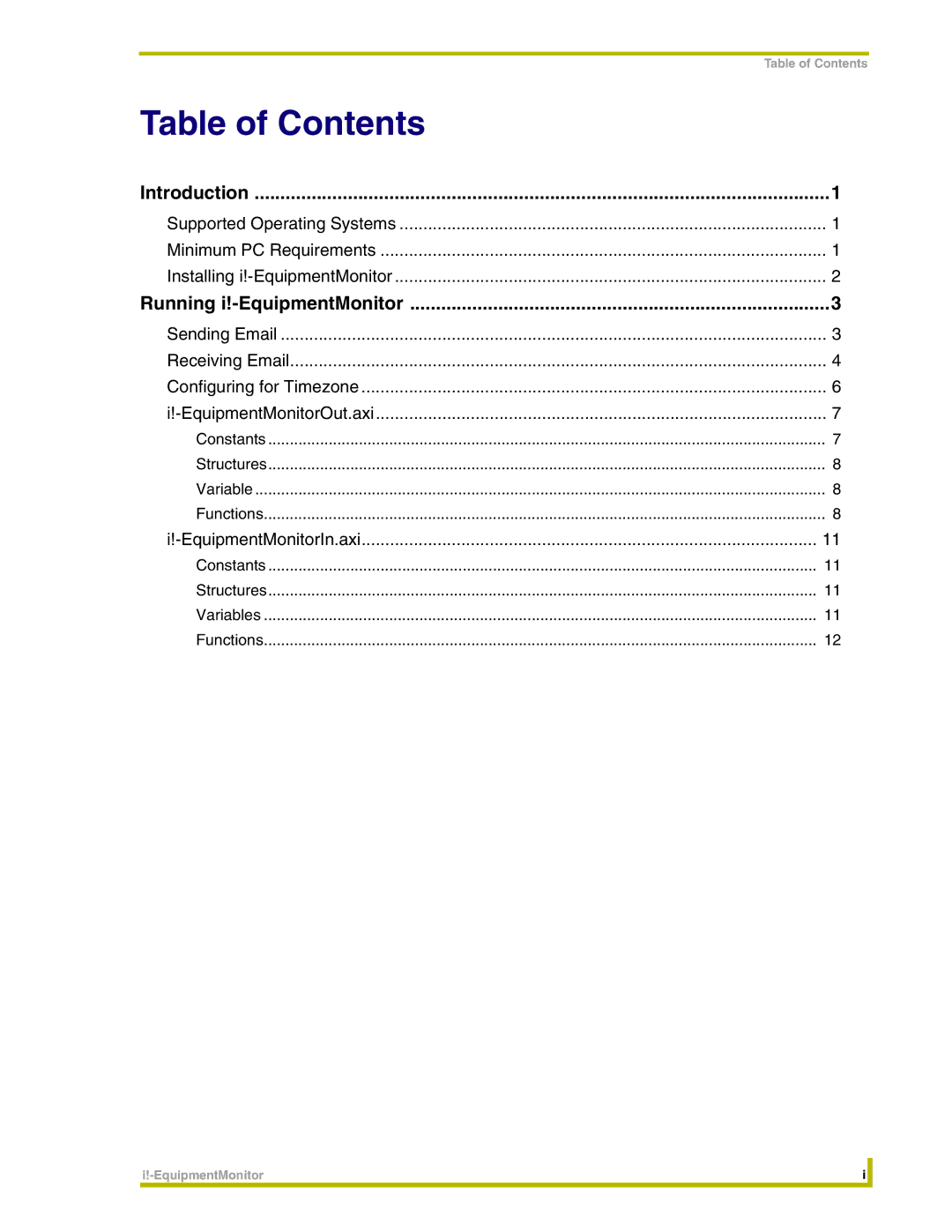 AMX i!-EquipmentMonitor instruction manual Table of Contents 